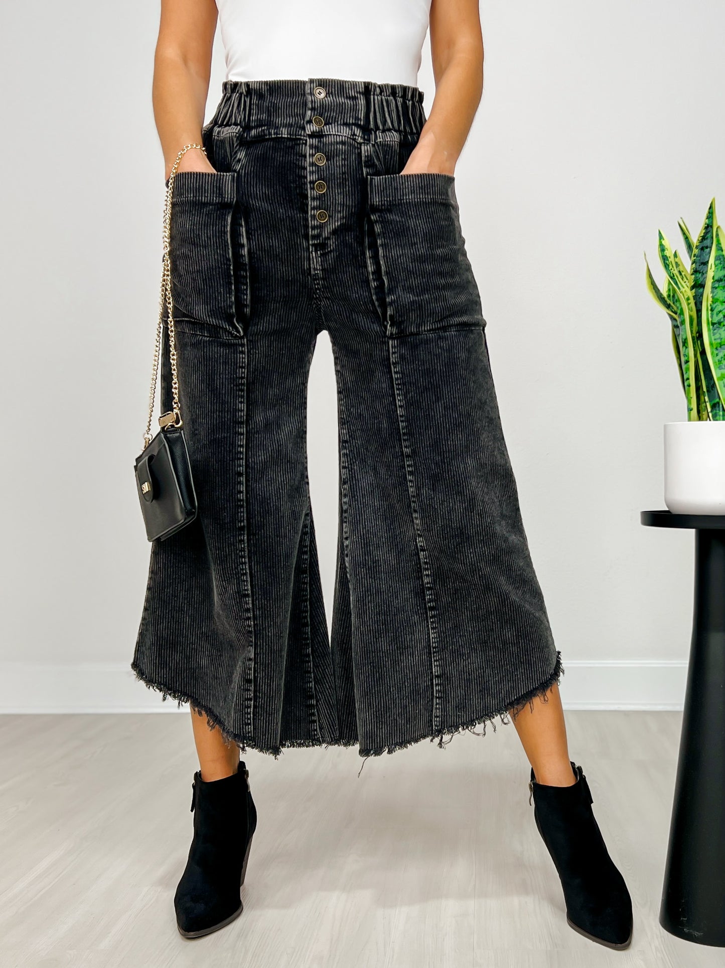 Mineral Wash Cropped Fray Hem Corduroy Wide Pants