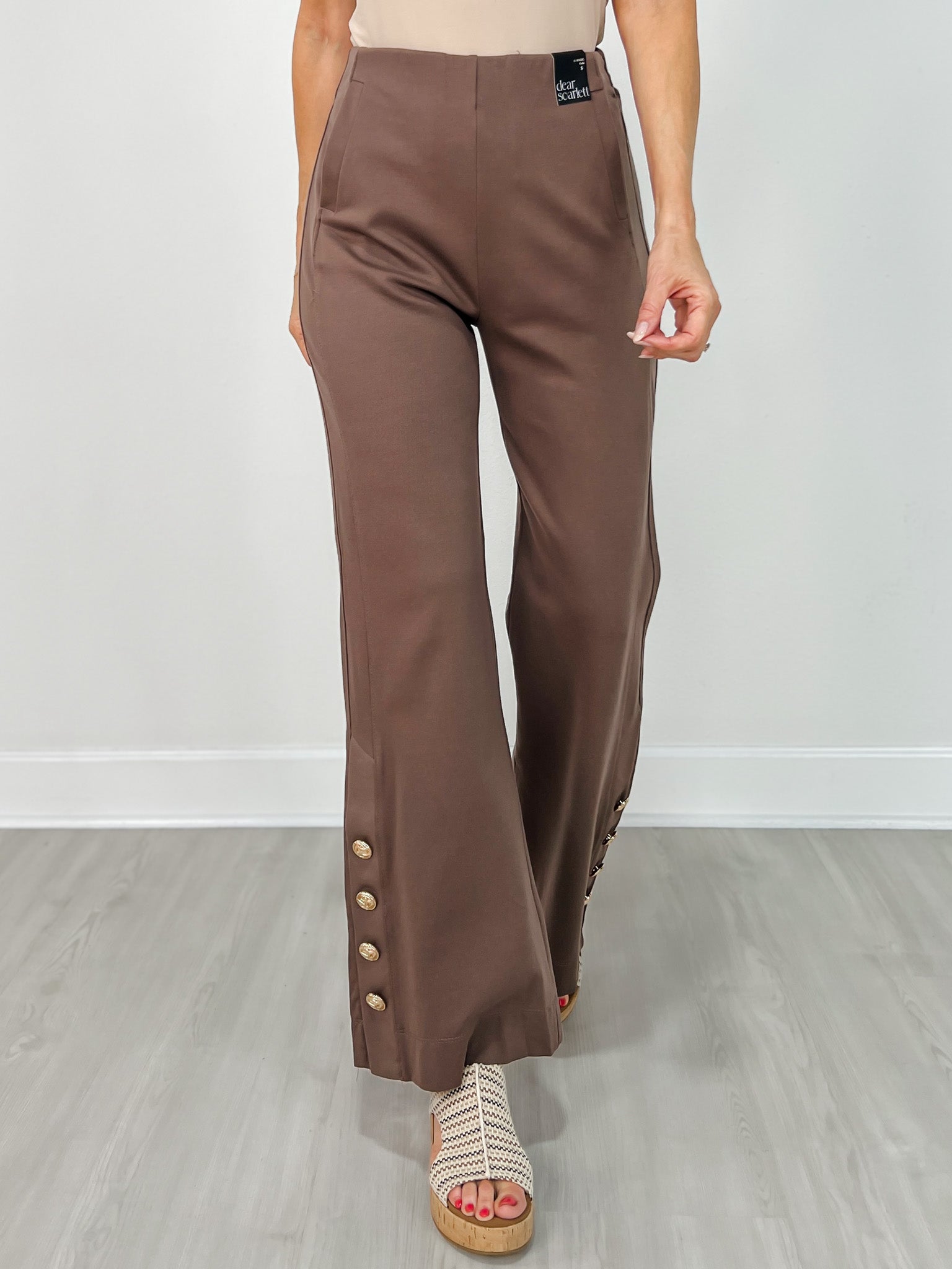 Gold Button Hem Gala Pants with Side Pockets in Dark Mocha
