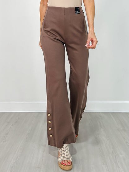 Gold Button Hem Gala Pants with Side Pockets in Dark Mocha
