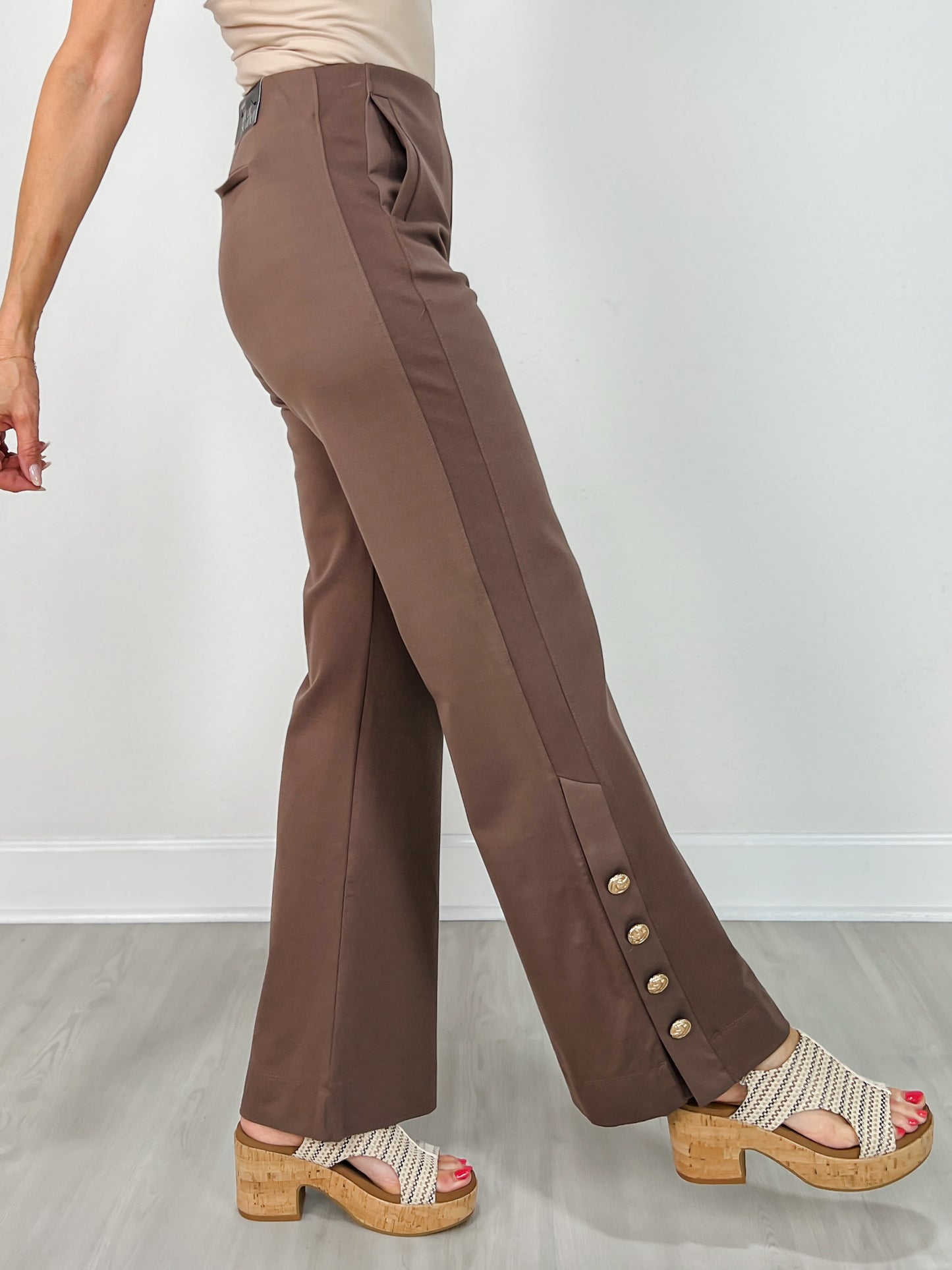 Gold Button Hem Gala Pants with Side Pockets in Dark Mocha