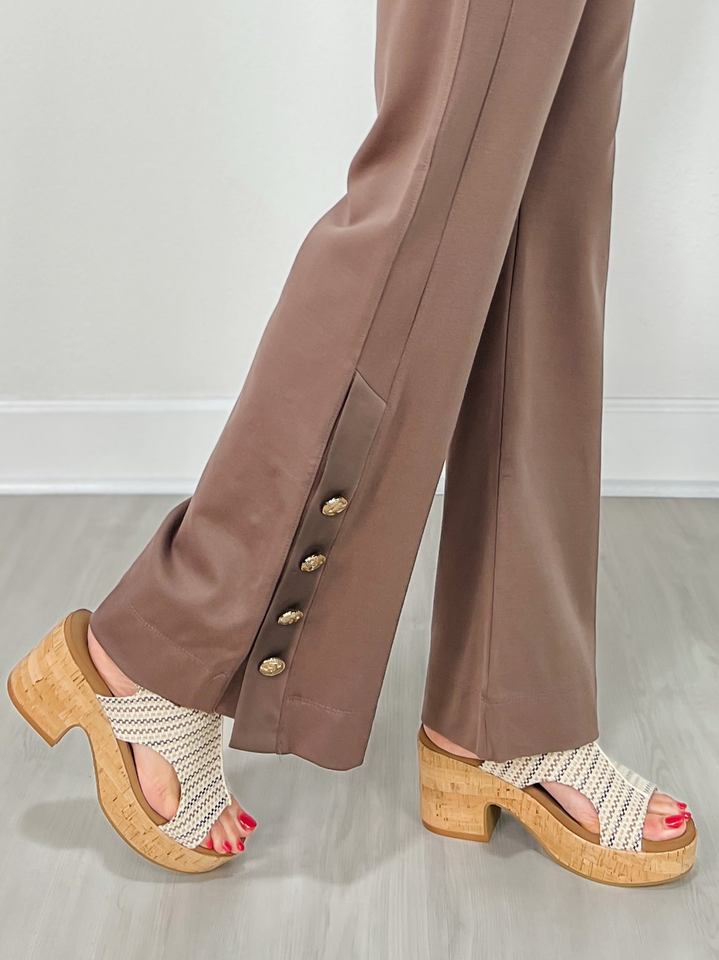Gold Button Hem Gala Pants with Side Pockets in Dark Mocha