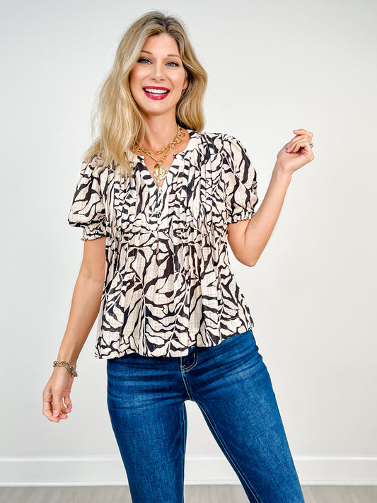 Printed Short Sleeve Top with Pintuck Details