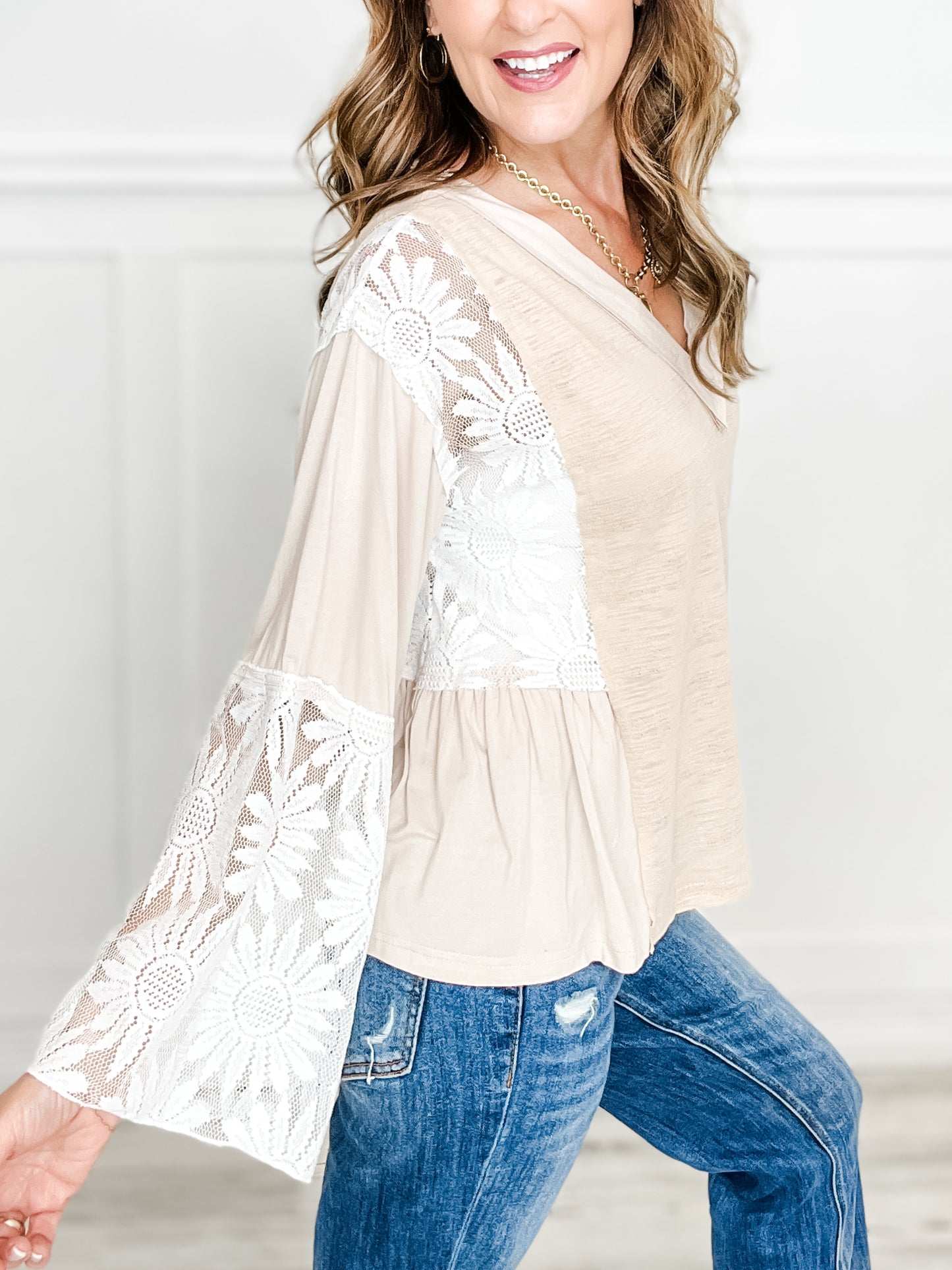 V-neck Long Flare Sleeve Lace Detail Solid Top