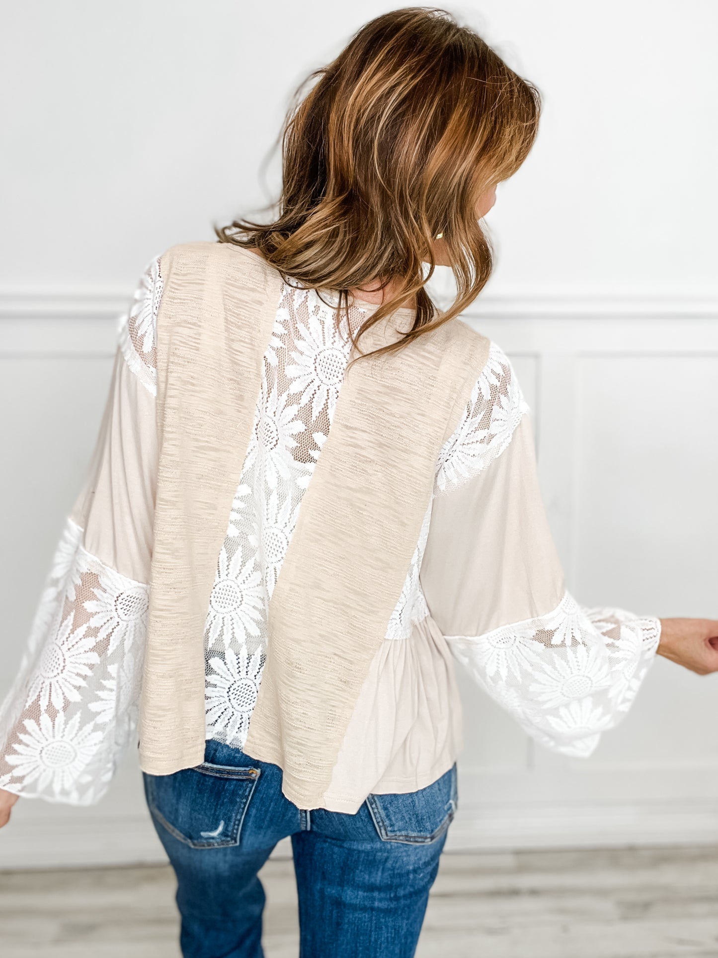 V-neck Long Flare Sleeve Lace Detail Solid Top