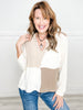 Notched Neck Contrast Fabric Color Block Top