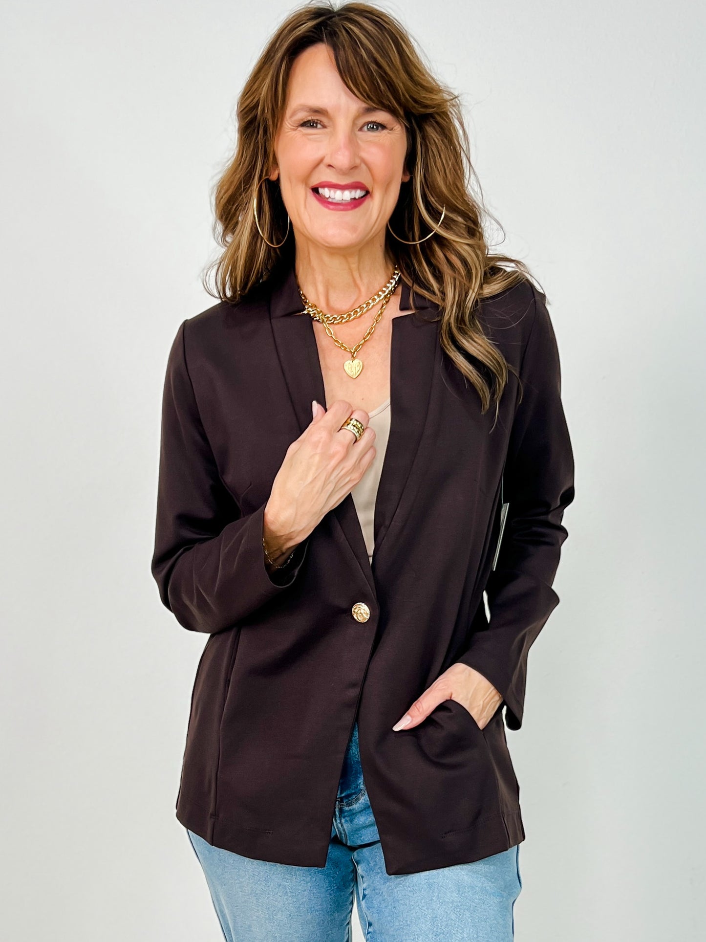 Boyfriend Fit Button Closure Executive Blazer in Chocolate