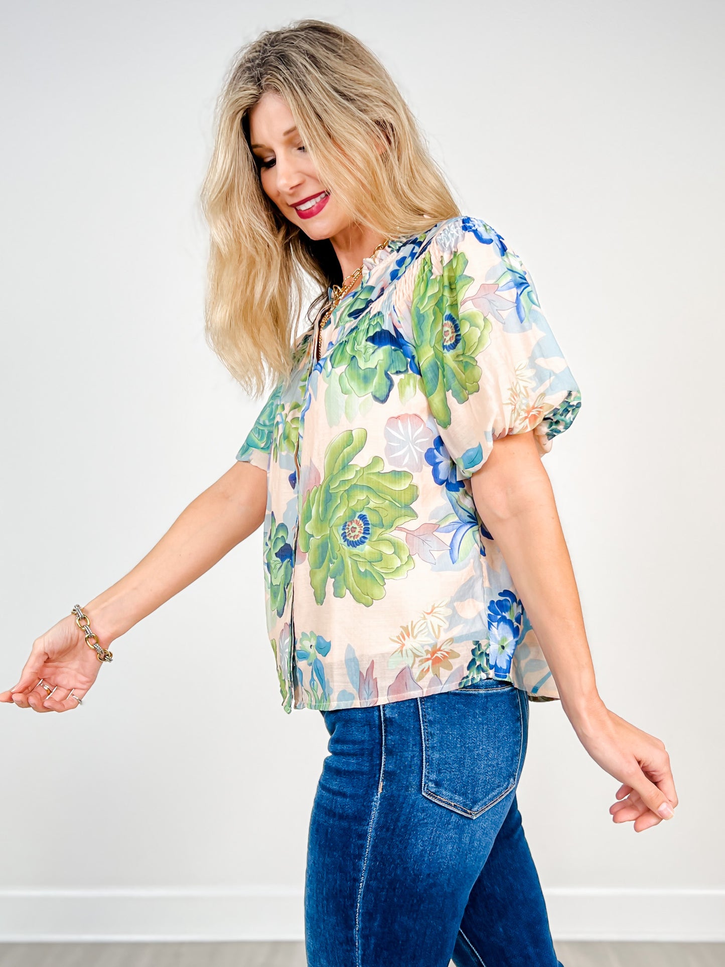 Floral Short Puff Sleeve Button Down Top