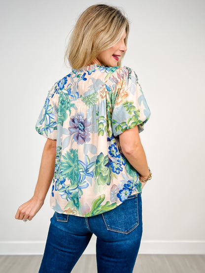 Floral Short Puff Sleeve Button Down Top
