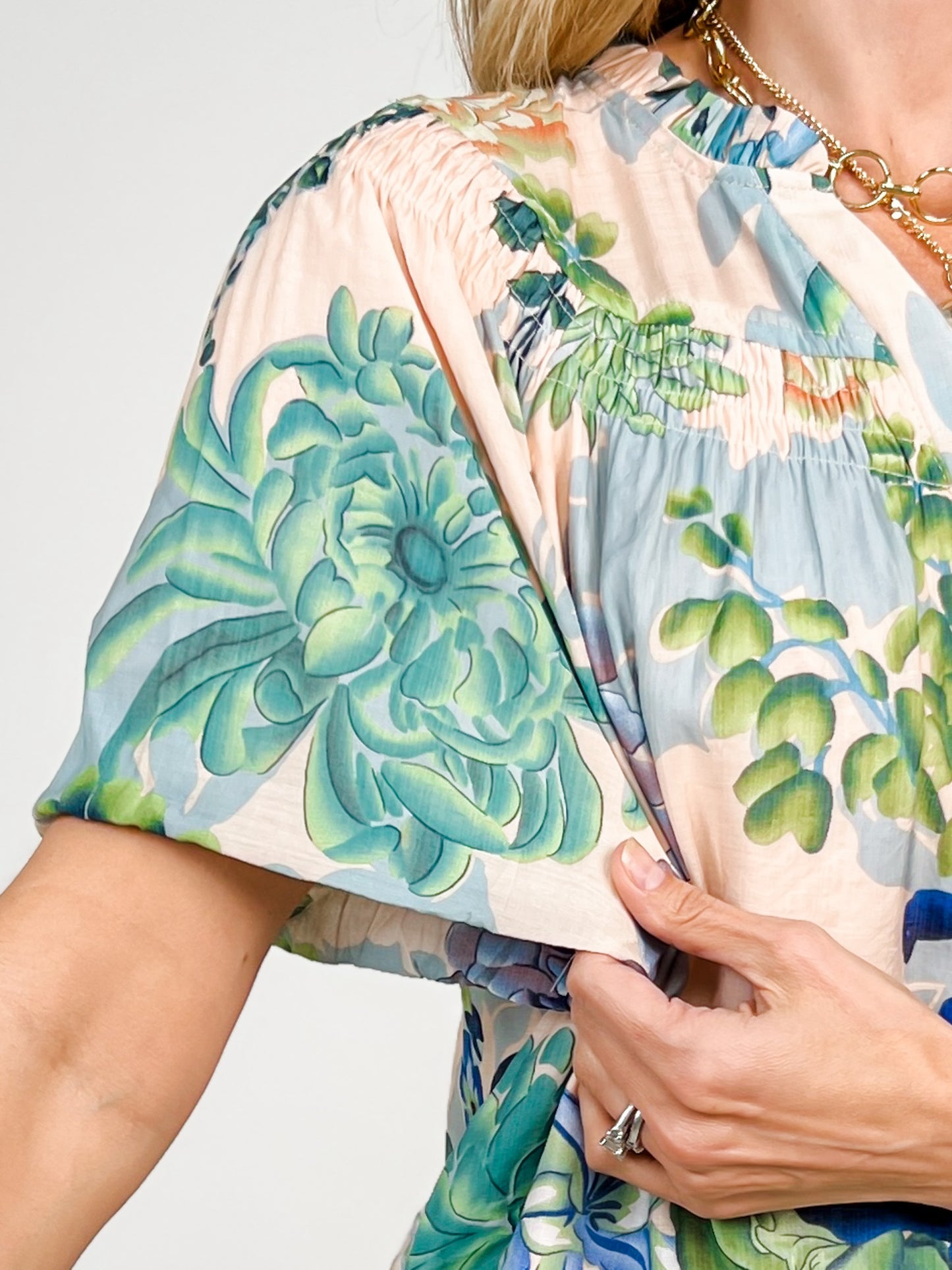 Floral Short Puff Sleeve Button Down Top
