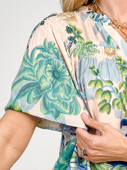 Floral Short Puff Sleeve Button Down Top