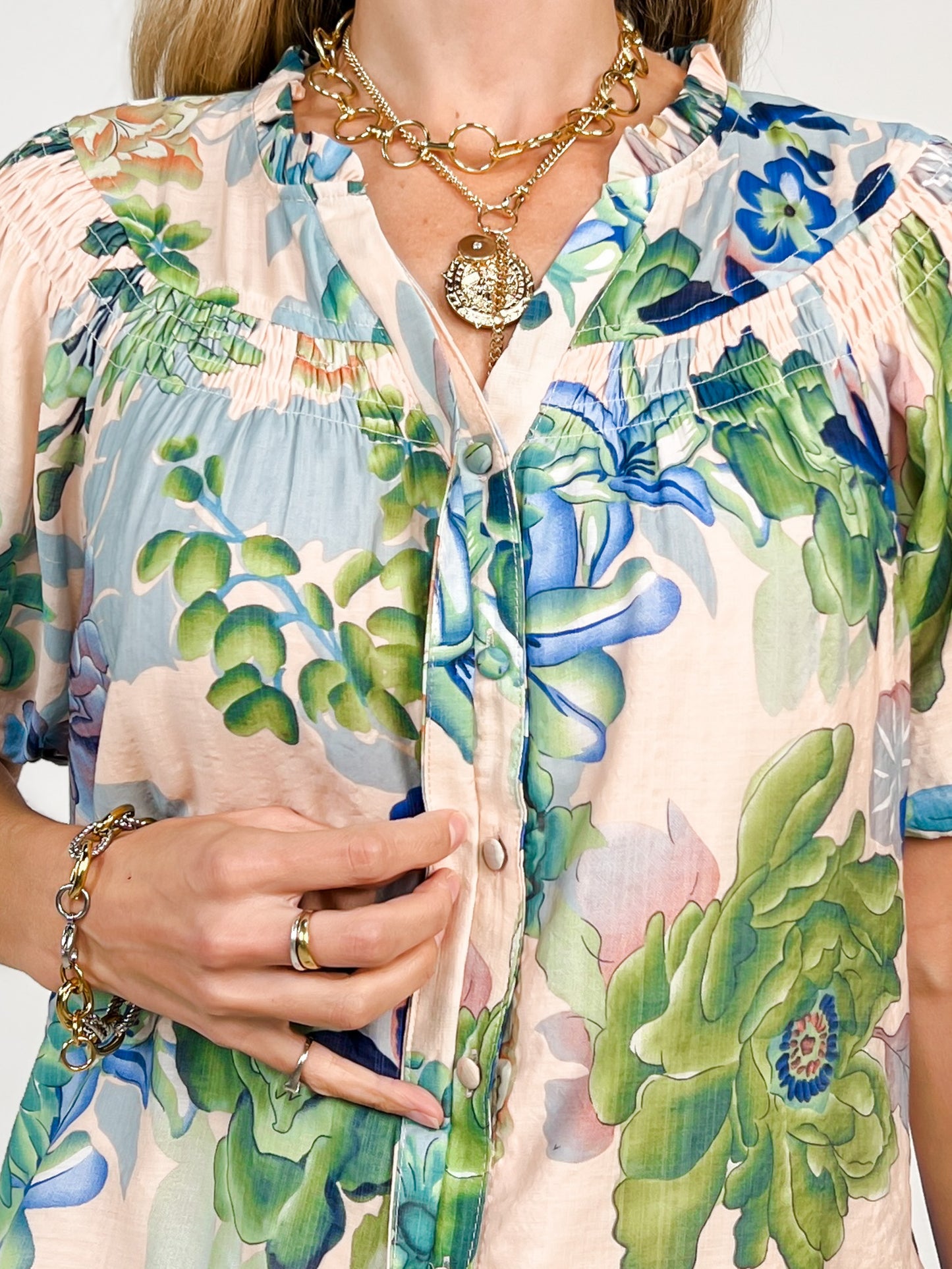 Floral Short Puff Sleeve Button Down Top
