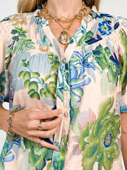 Floral Short Puff Sleeve Button Down Top