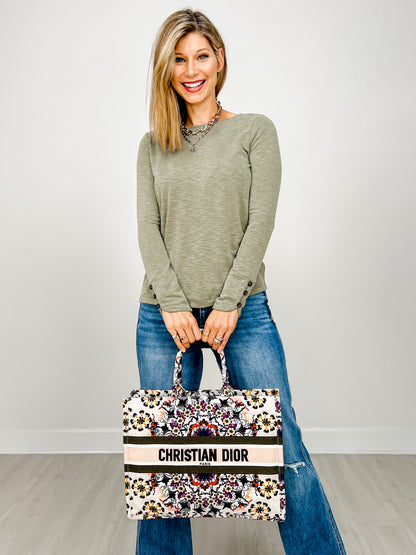 Long Button Hem Sleeve Slub Top