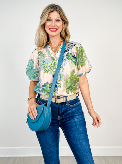 Floral Short Puff Sleeve Button Down Top
