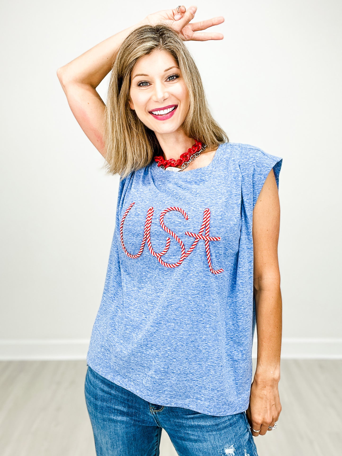 Tri-blend Sleeveless USA Top with Pleat Details