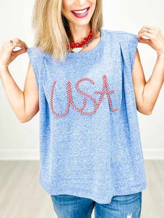 Tri-blend Sleeveless USA Top with Pleat Details