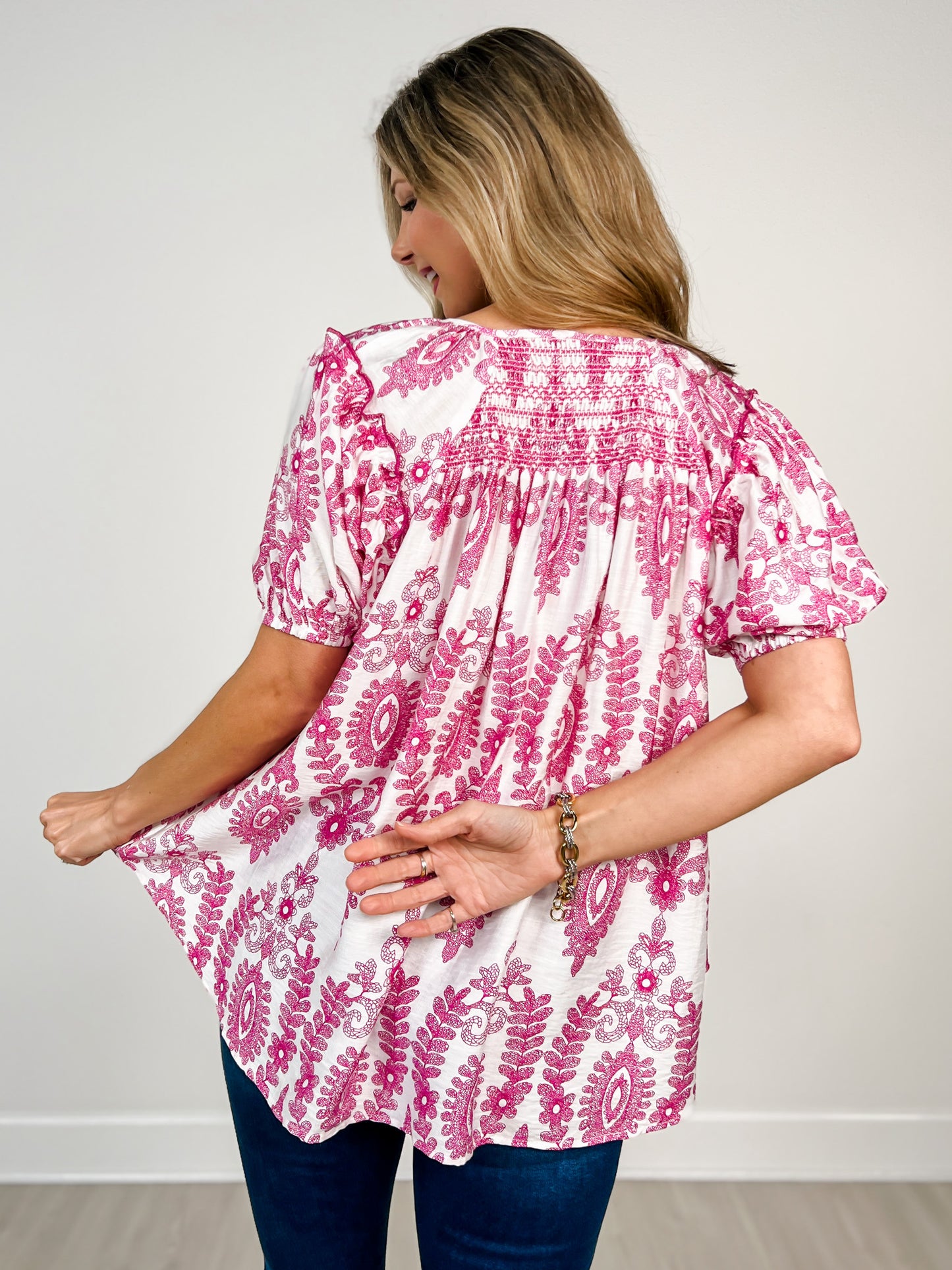 Short Sleeve Top with Smocking on Front and Back