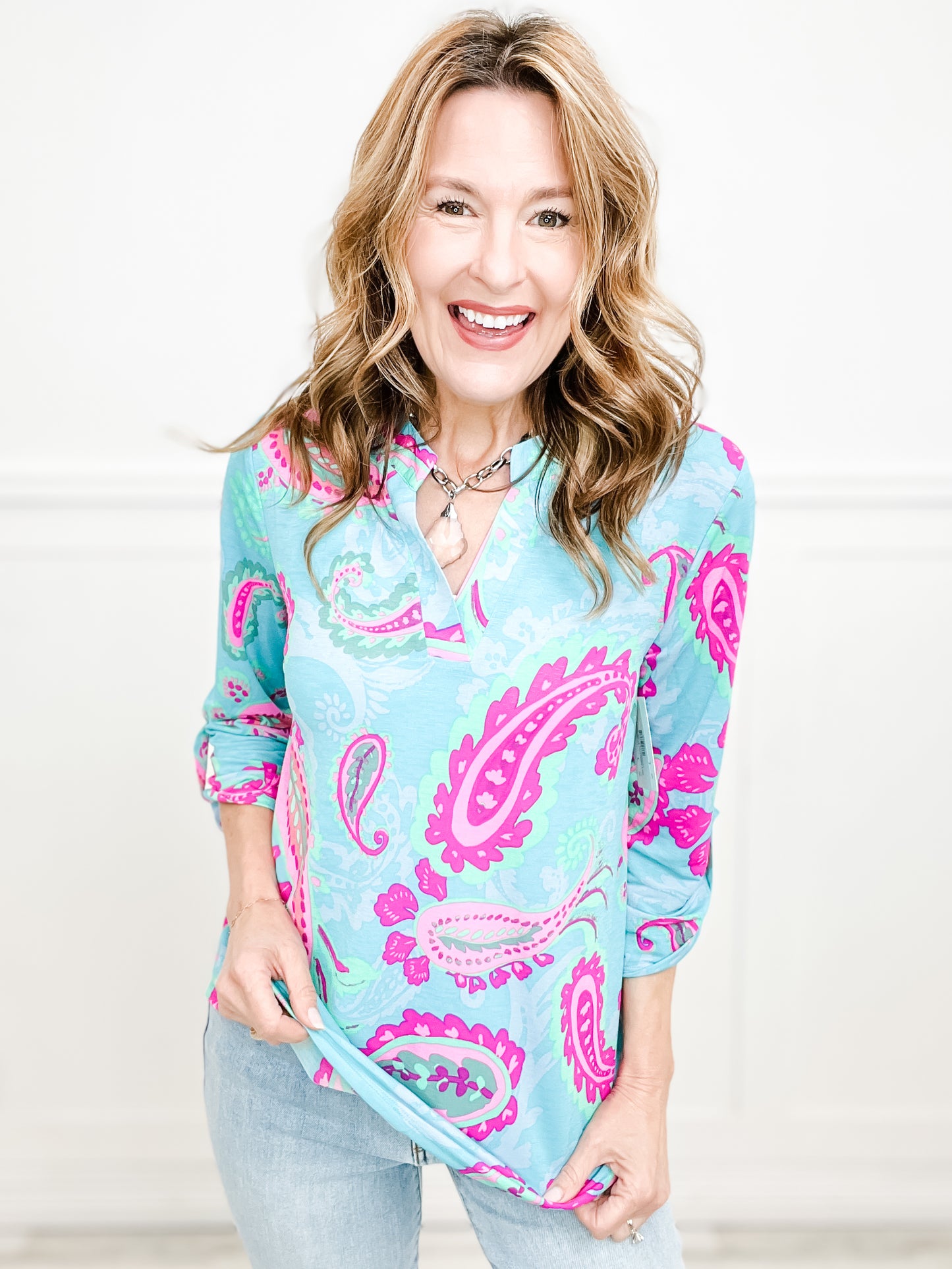 Aqua Paisley Lizzy 3/4 Sleeve V-Neck Top