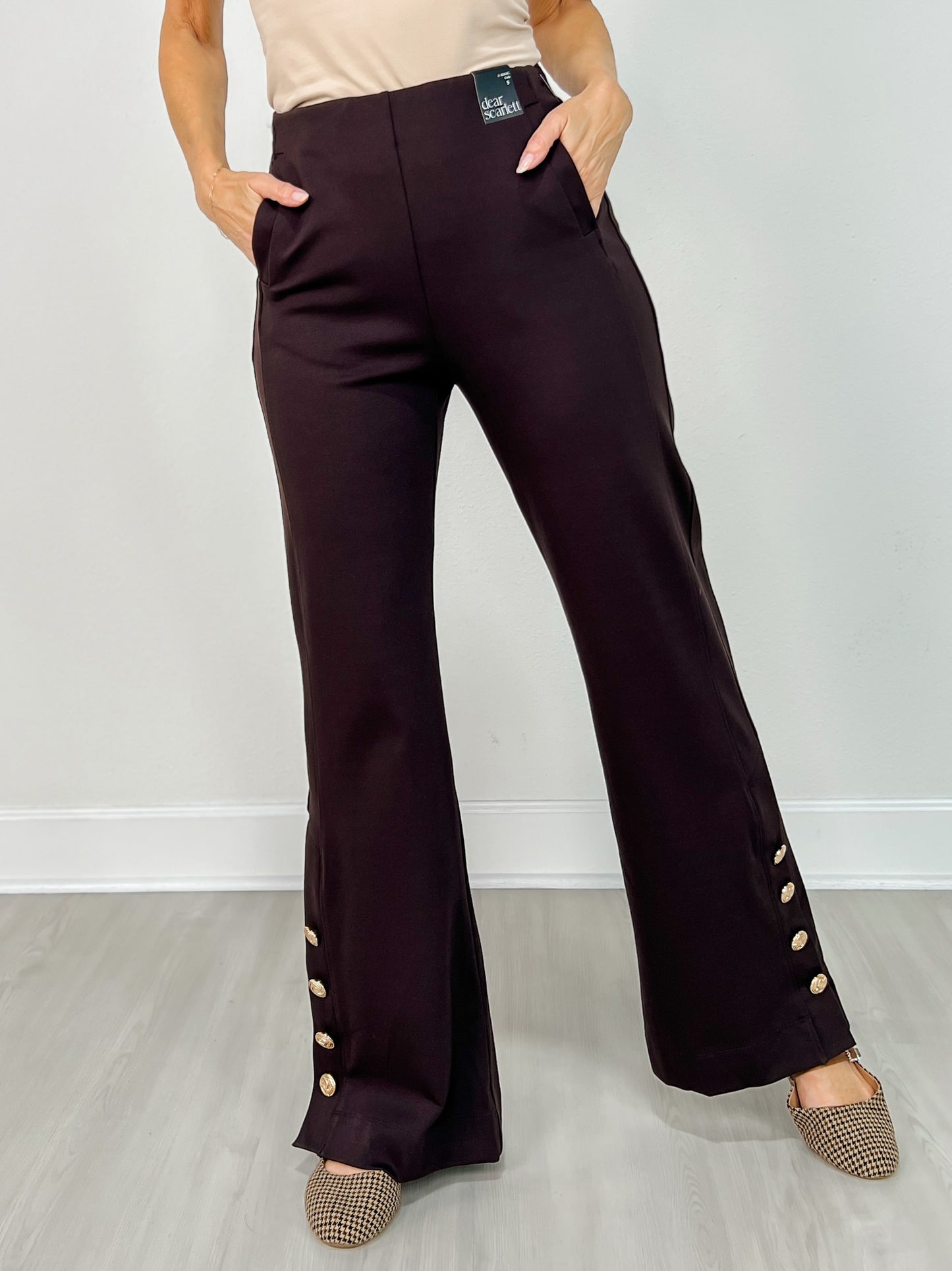 Gold Button Hem Gala Pants with Side Pockets in Chocolate