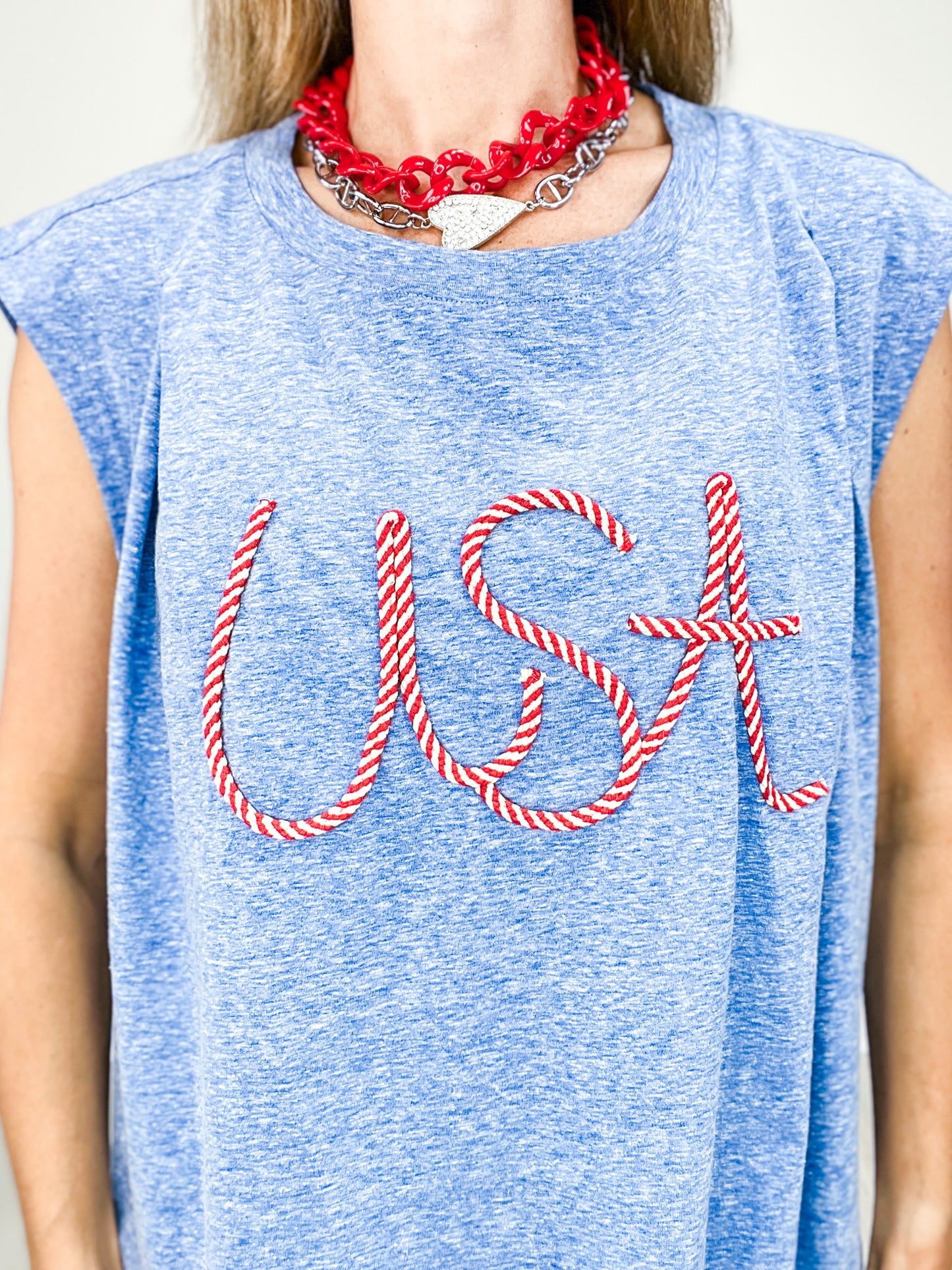 Tri-blend Sleeveless USA Top with Pleat Details