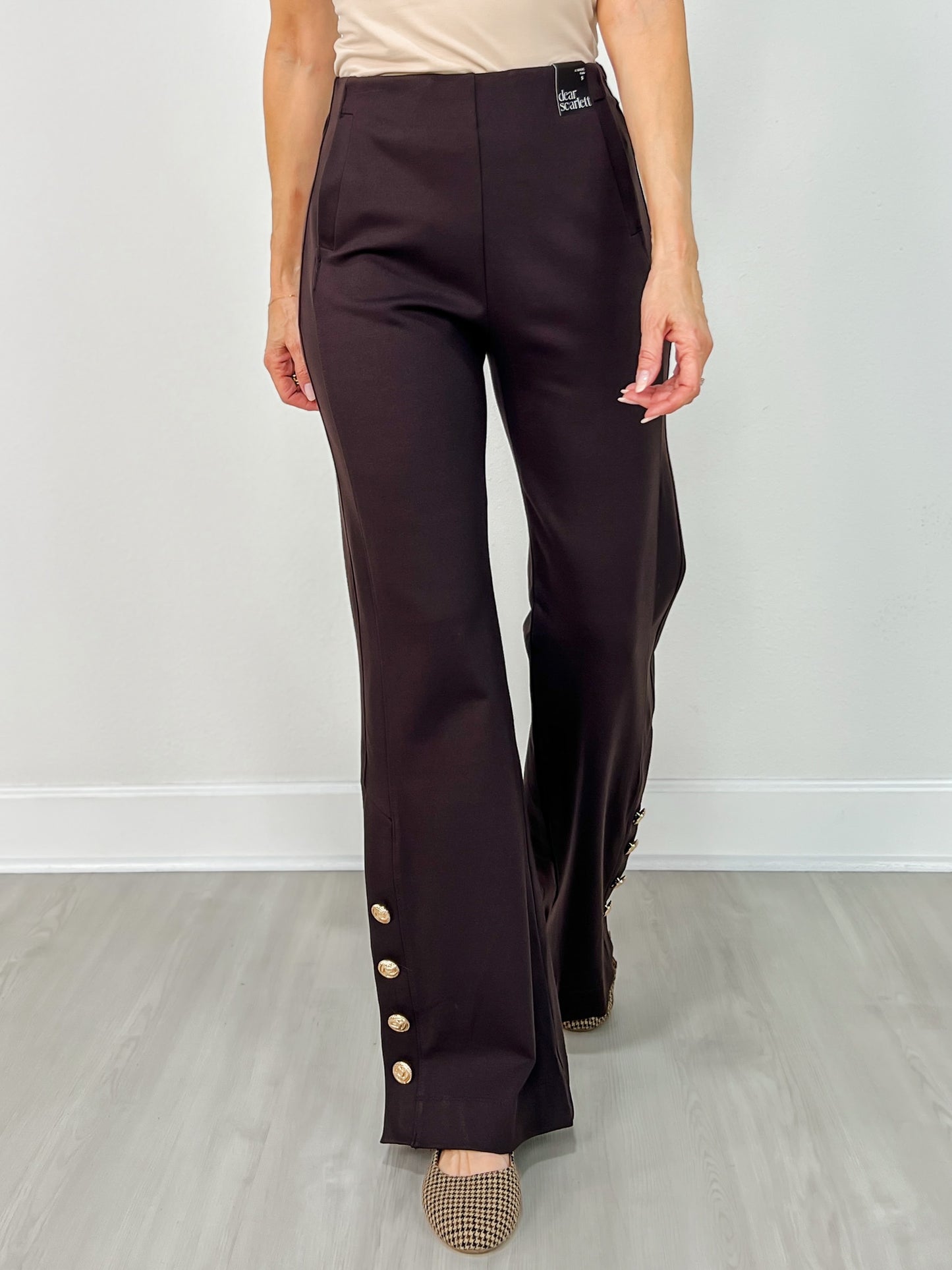 Gold Button Hem Gala Pants with Side Pockets in Chocolate