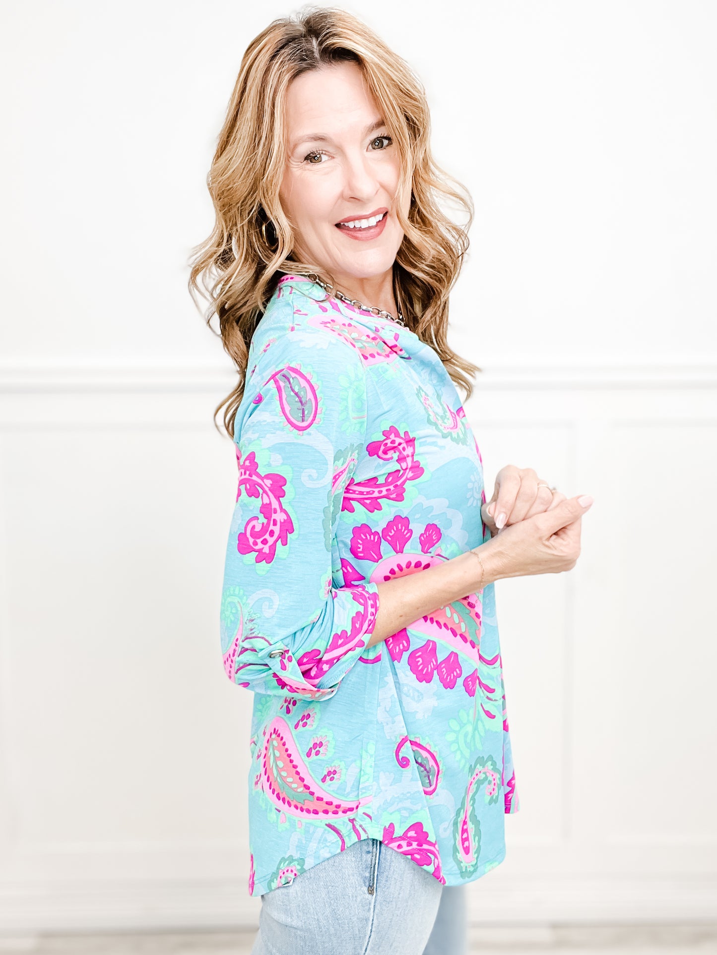 Aqua Paisley Lizzy 3/4 Sleeve V-Neck Top