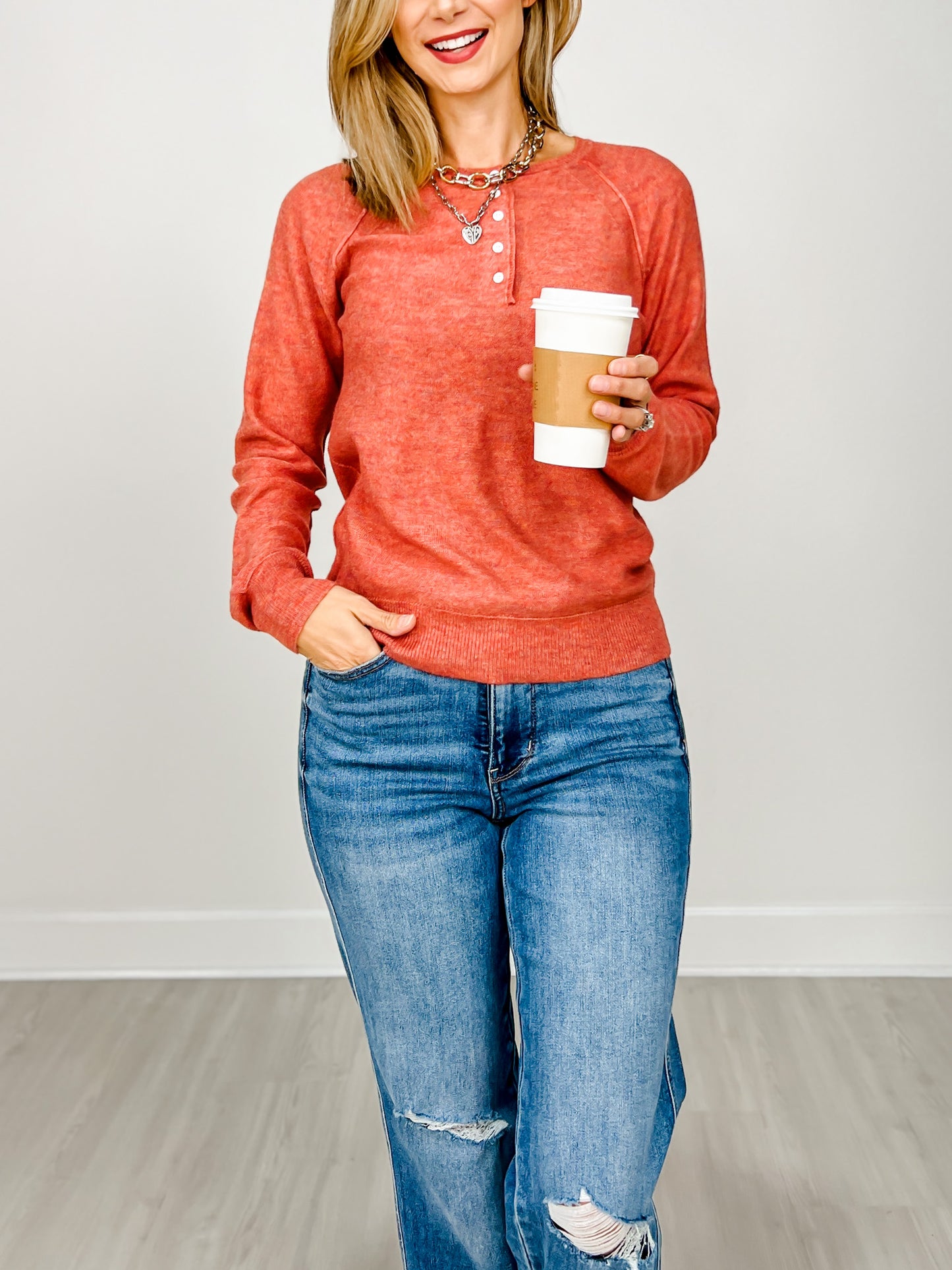 Henley Button Neck Pullover Sweater