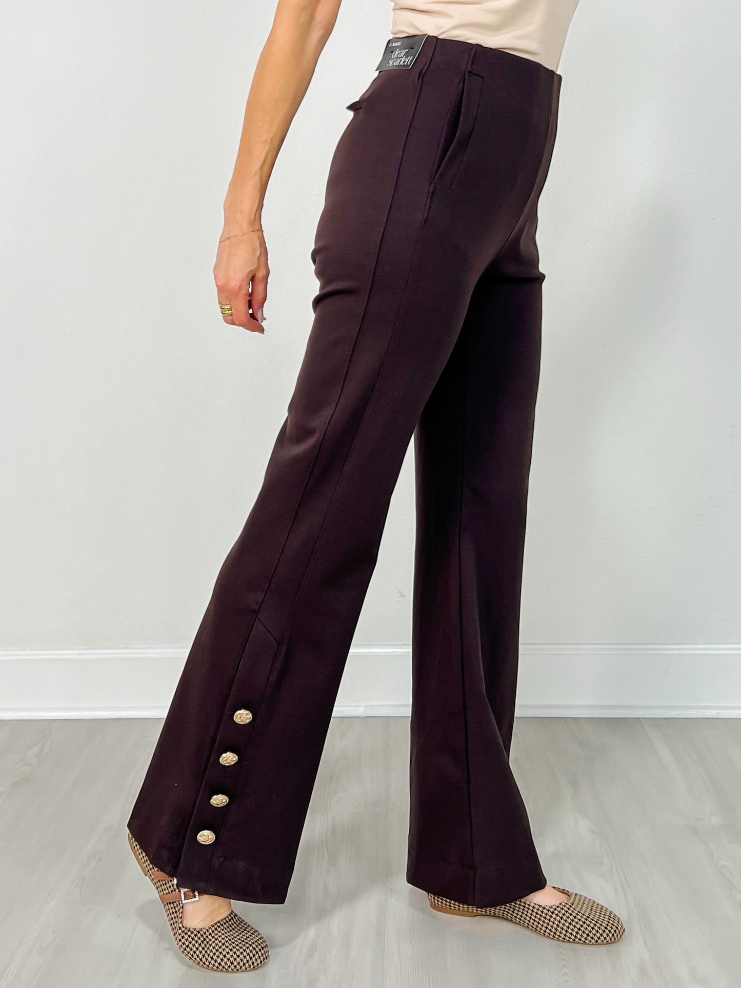 Gold Button Hem Gala Pants with Side Pockets in Chocolate