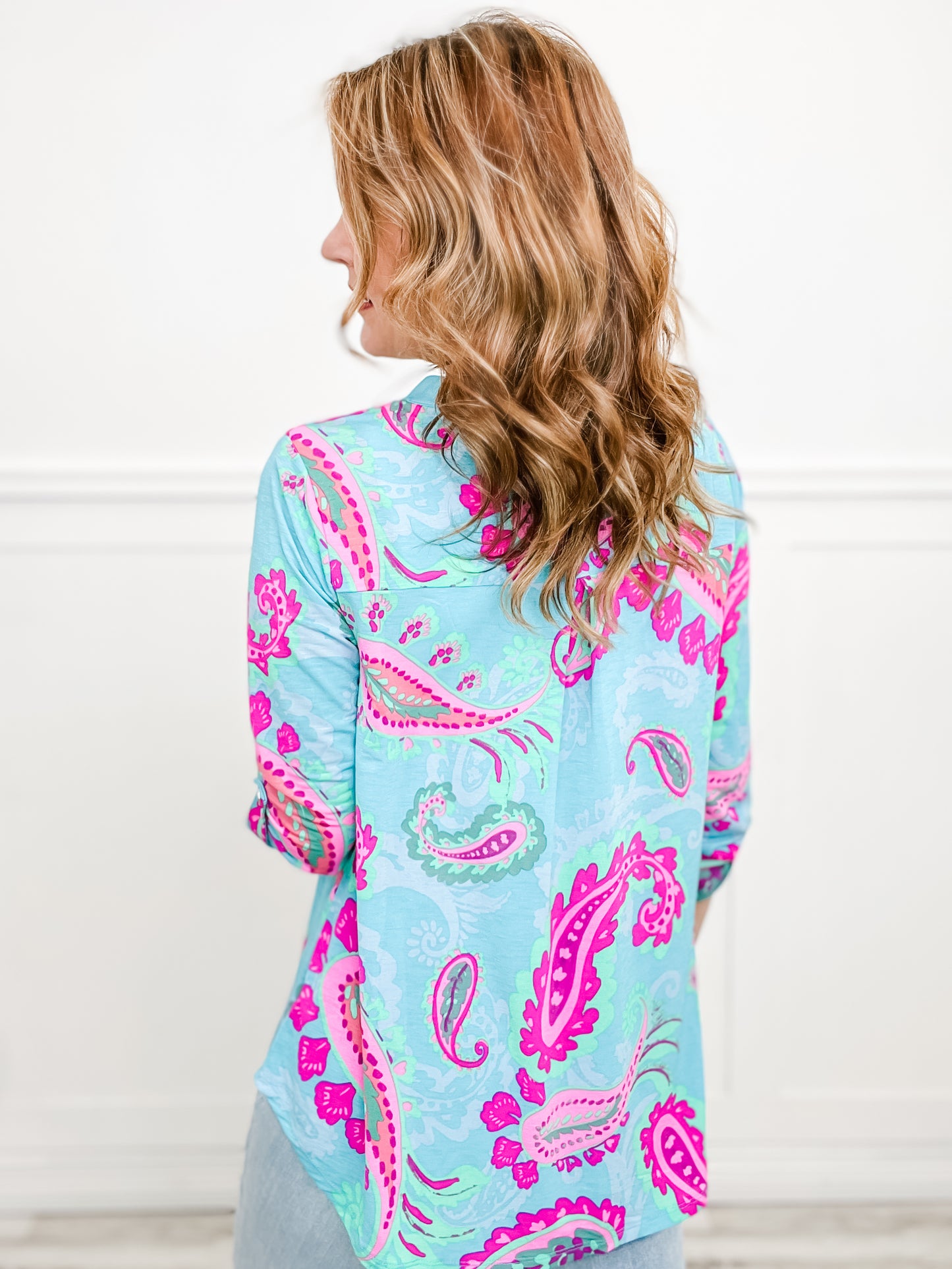 Aqua Paisley Lizzy 3/4 Sleeve V-Neck Top