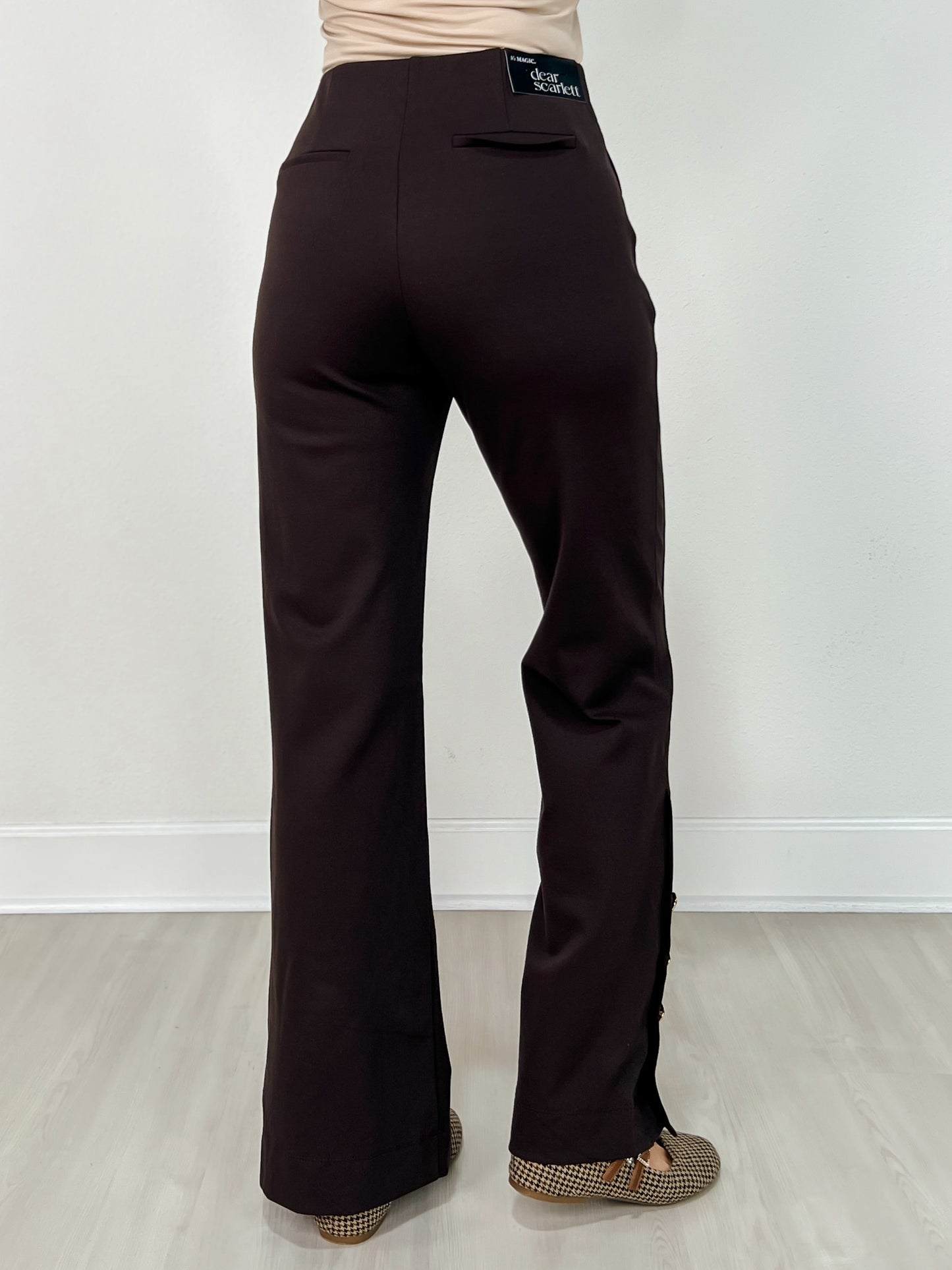 Gold Button Hem Gala Pants with Side Pockets in Chocolate