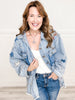 Collar Neck Button Up Balloon Sleeve Denim Star Patch Top