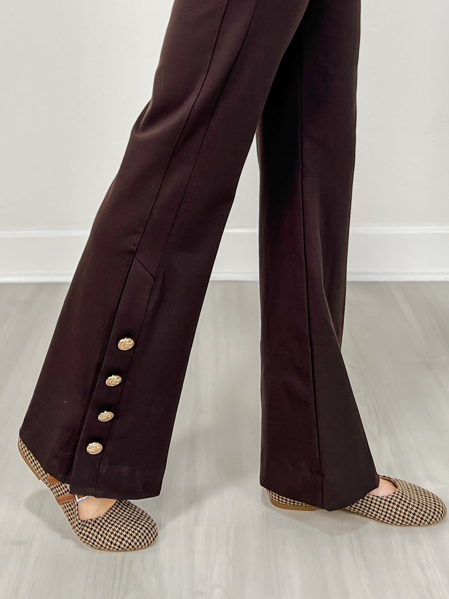Gold Button Hem Gala Pants with Side Pockets in Chocolate