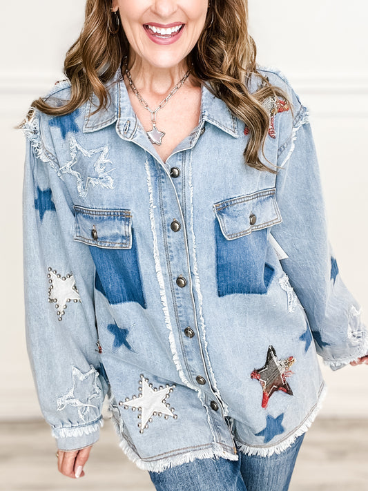 Collar Neck Button Up Balloon Sleeve Denim Star Patch Top