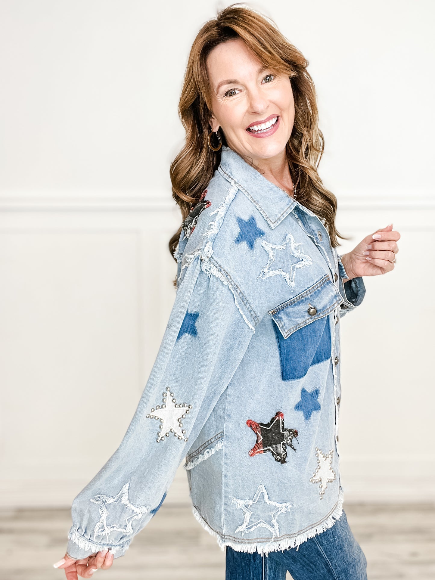 Collar Neck Button Up Balloon Sleeve Denim Star Patch Top