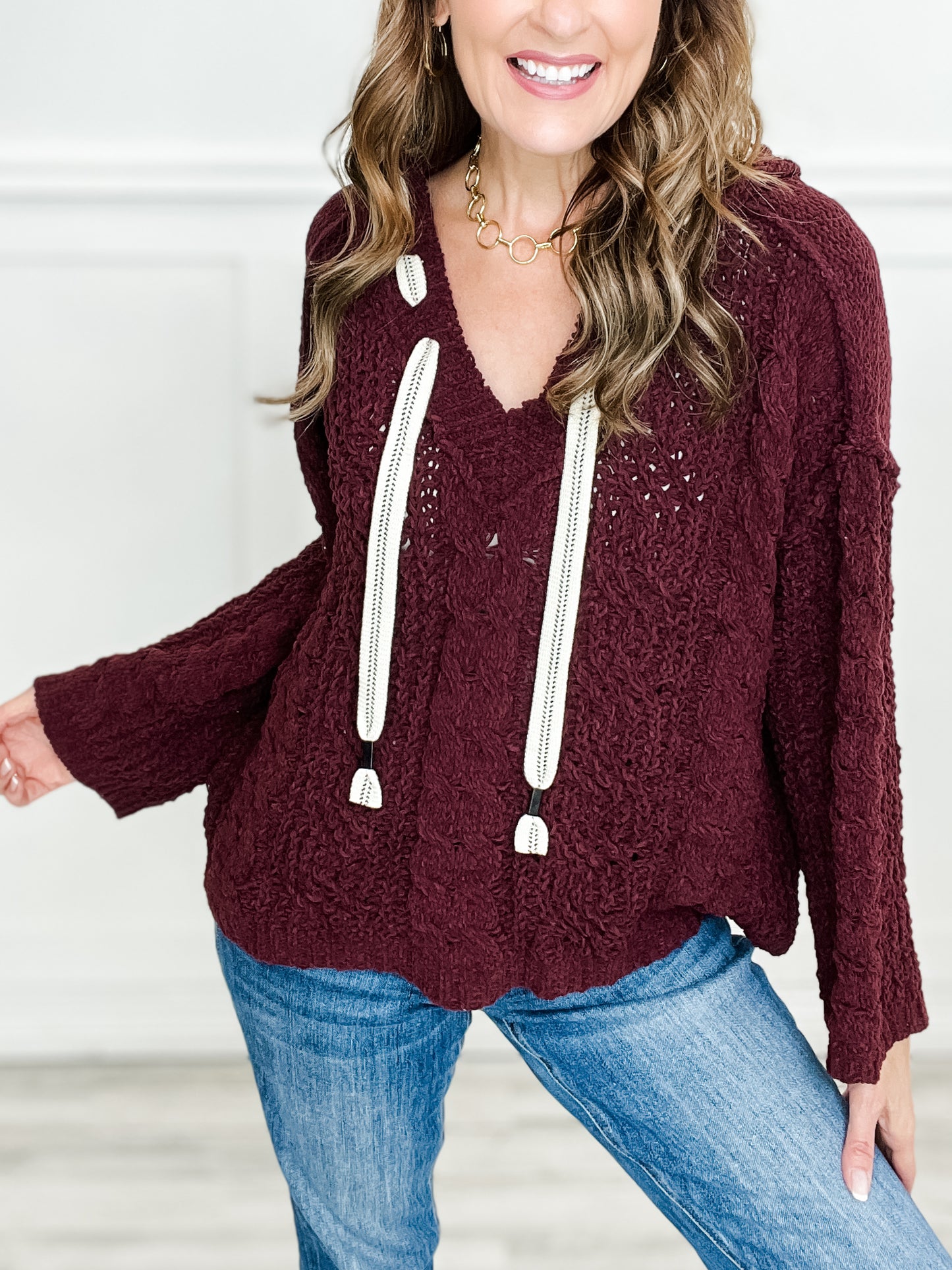 Bitter Sweet Symphony V-Neck Hooded Cable Knit Chenille Sweater