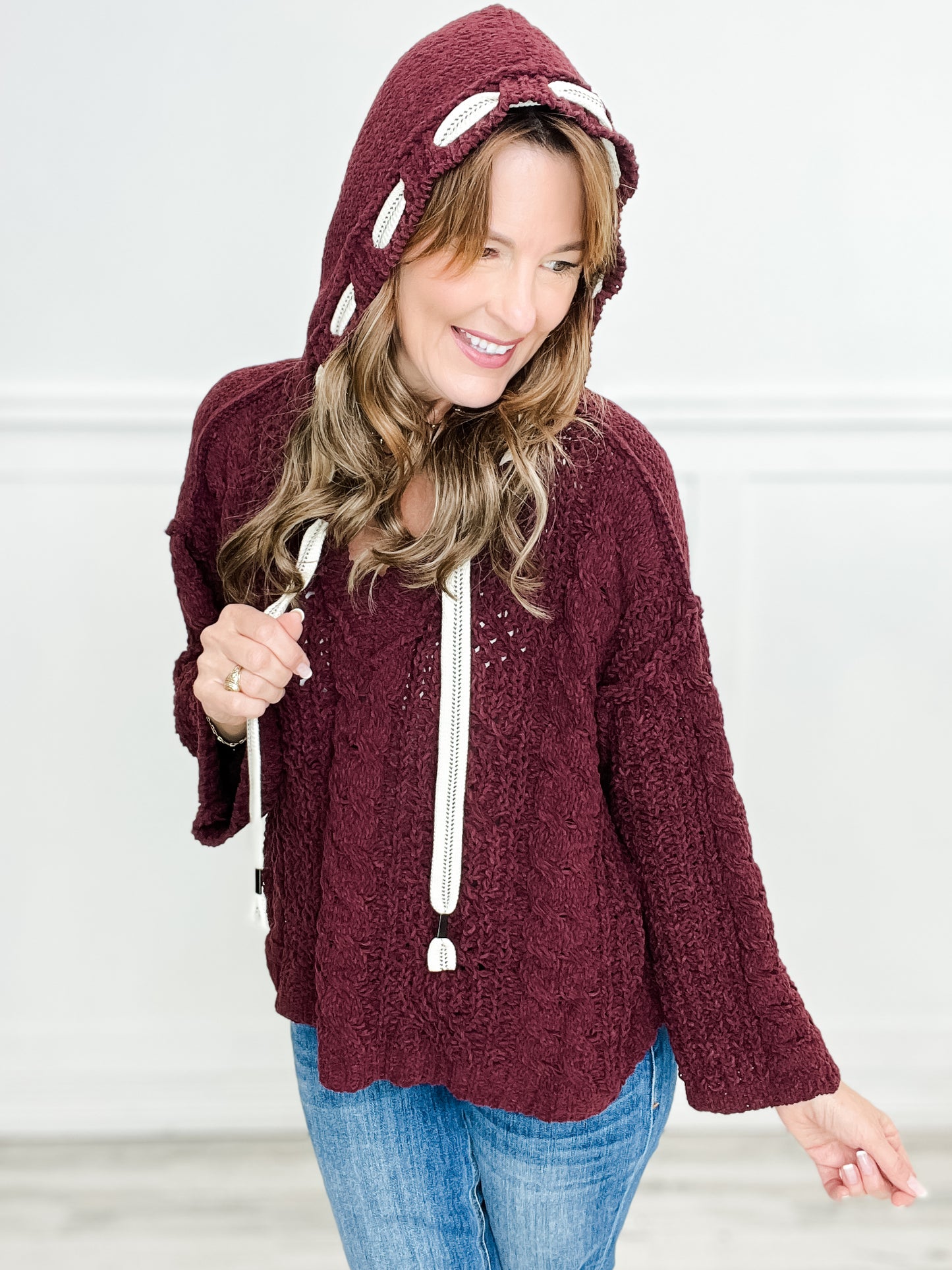 Bitter Sweet Symphony V-Neck Hooded Cable Knit Chenille Sweater