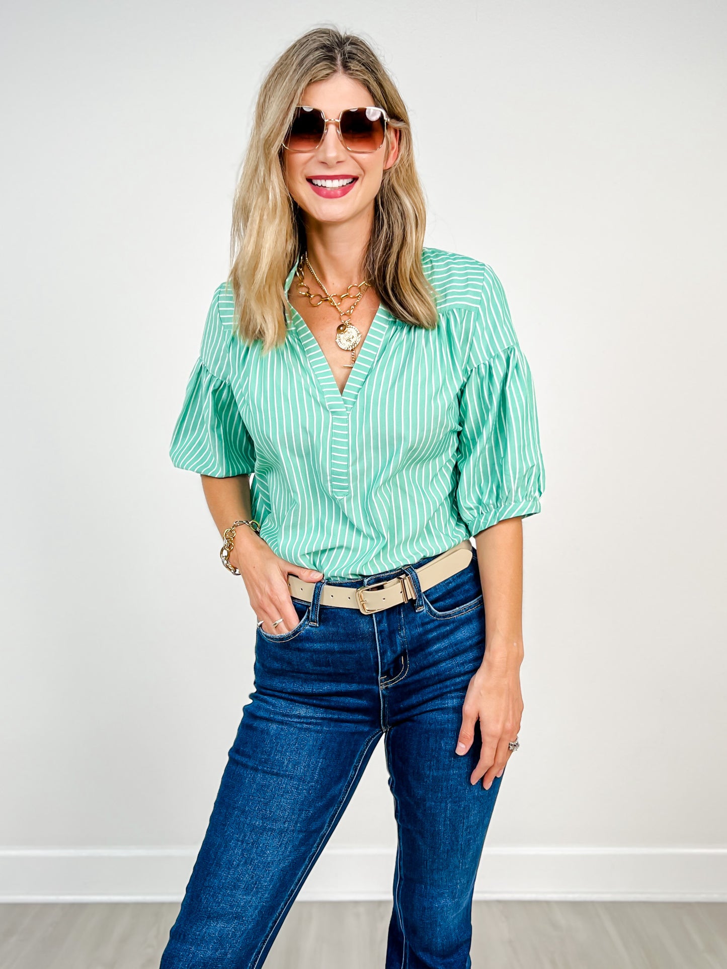 Striped Top with 3/4 Length Bubble Sleeves