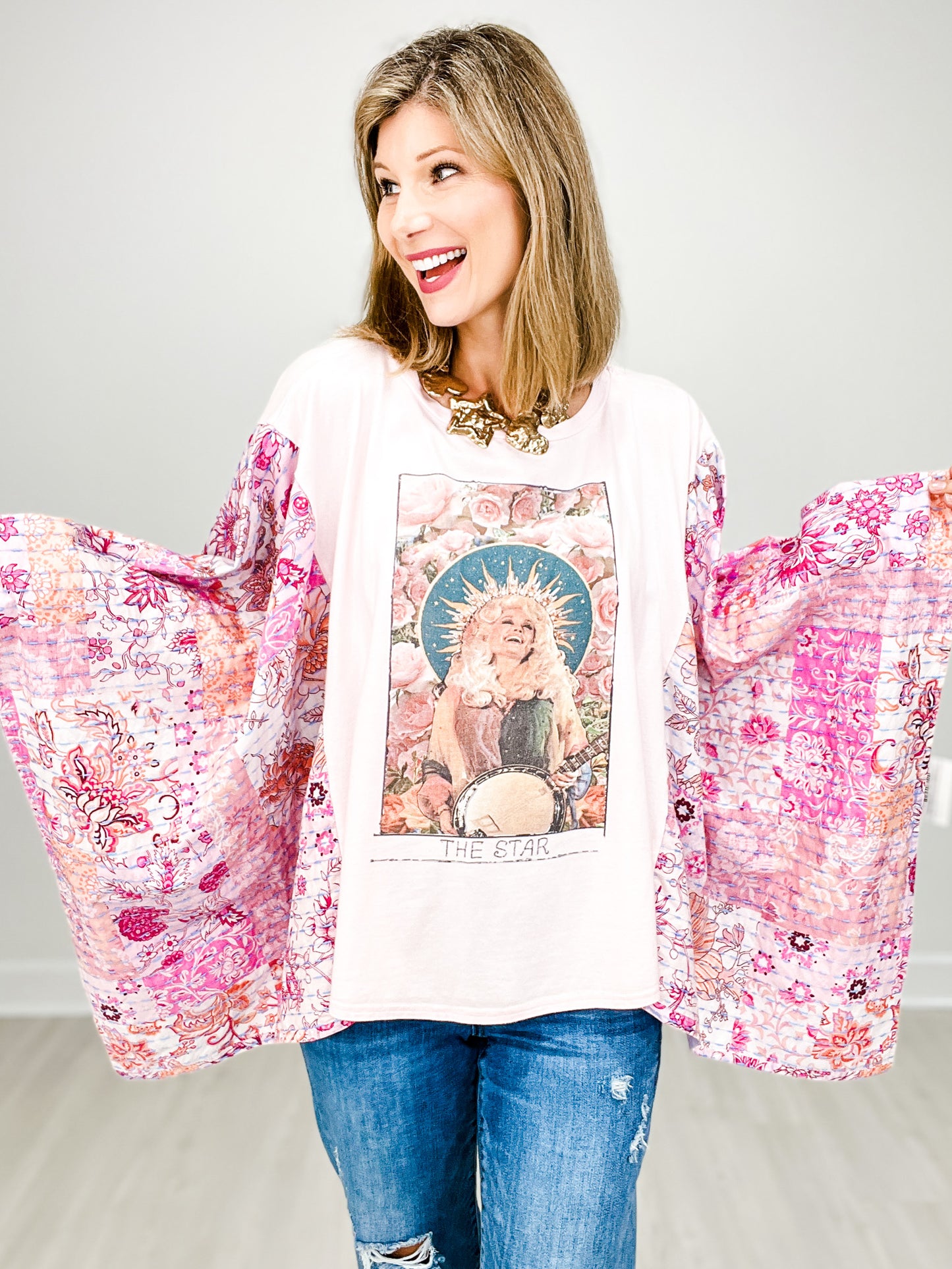 Dolly Print Washed Quilted Sleeve Poncho Top
