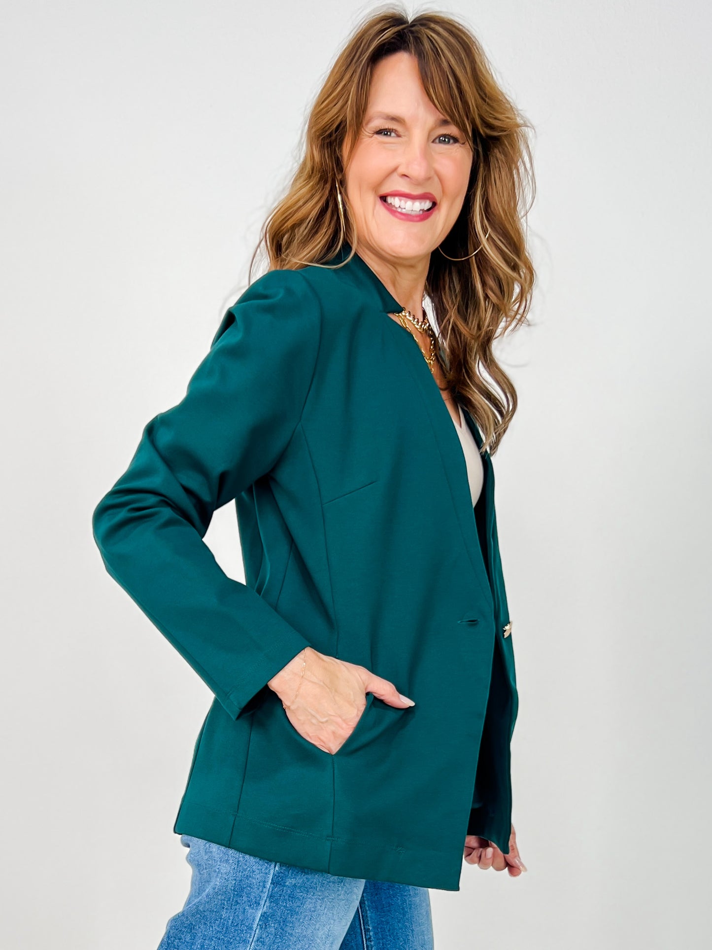 Boyfriend Fit Button Closure Executive Blazer in Hunter Green