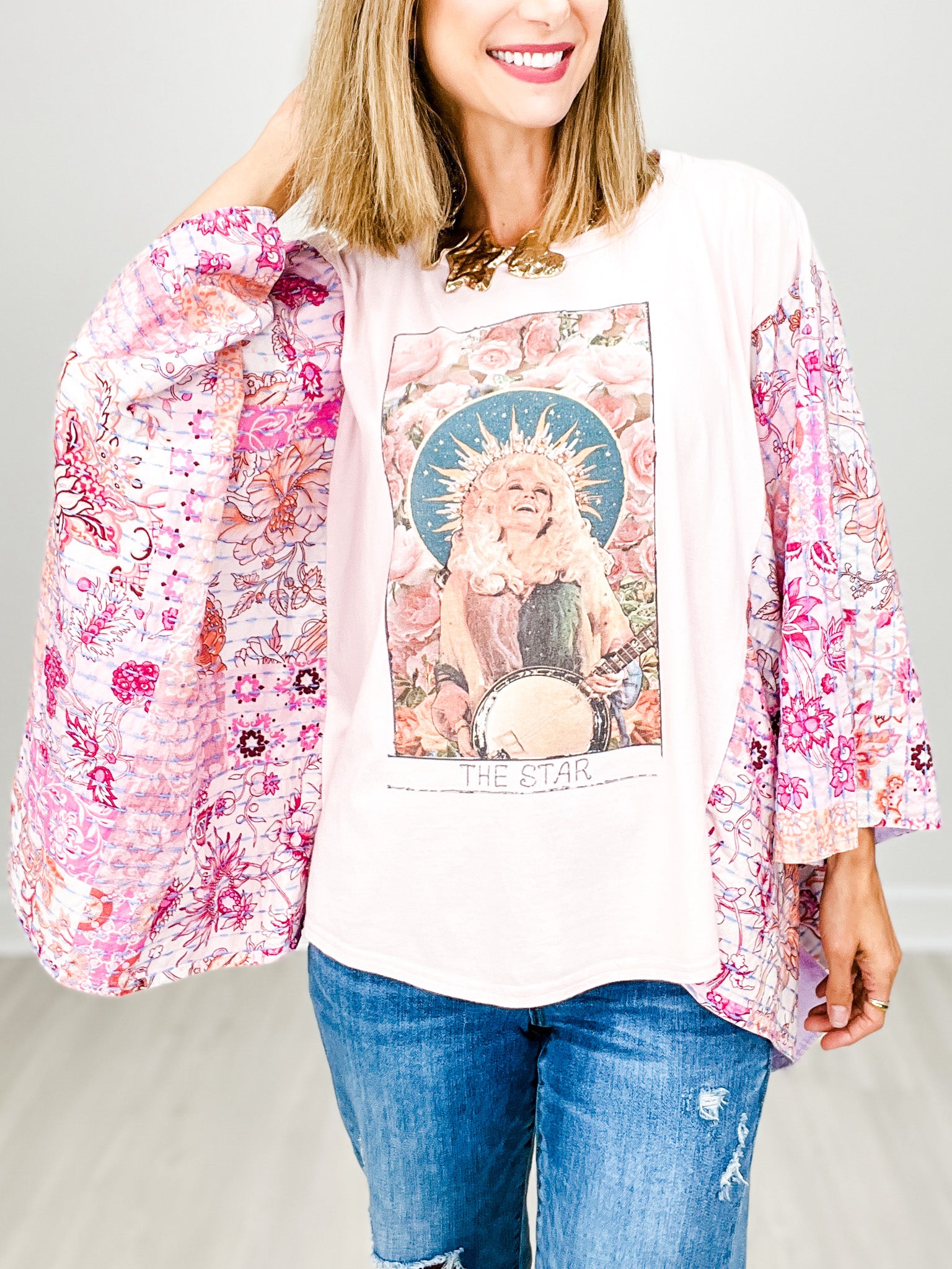 Dolly Print Washed Quilted Sleeve Poncho Top