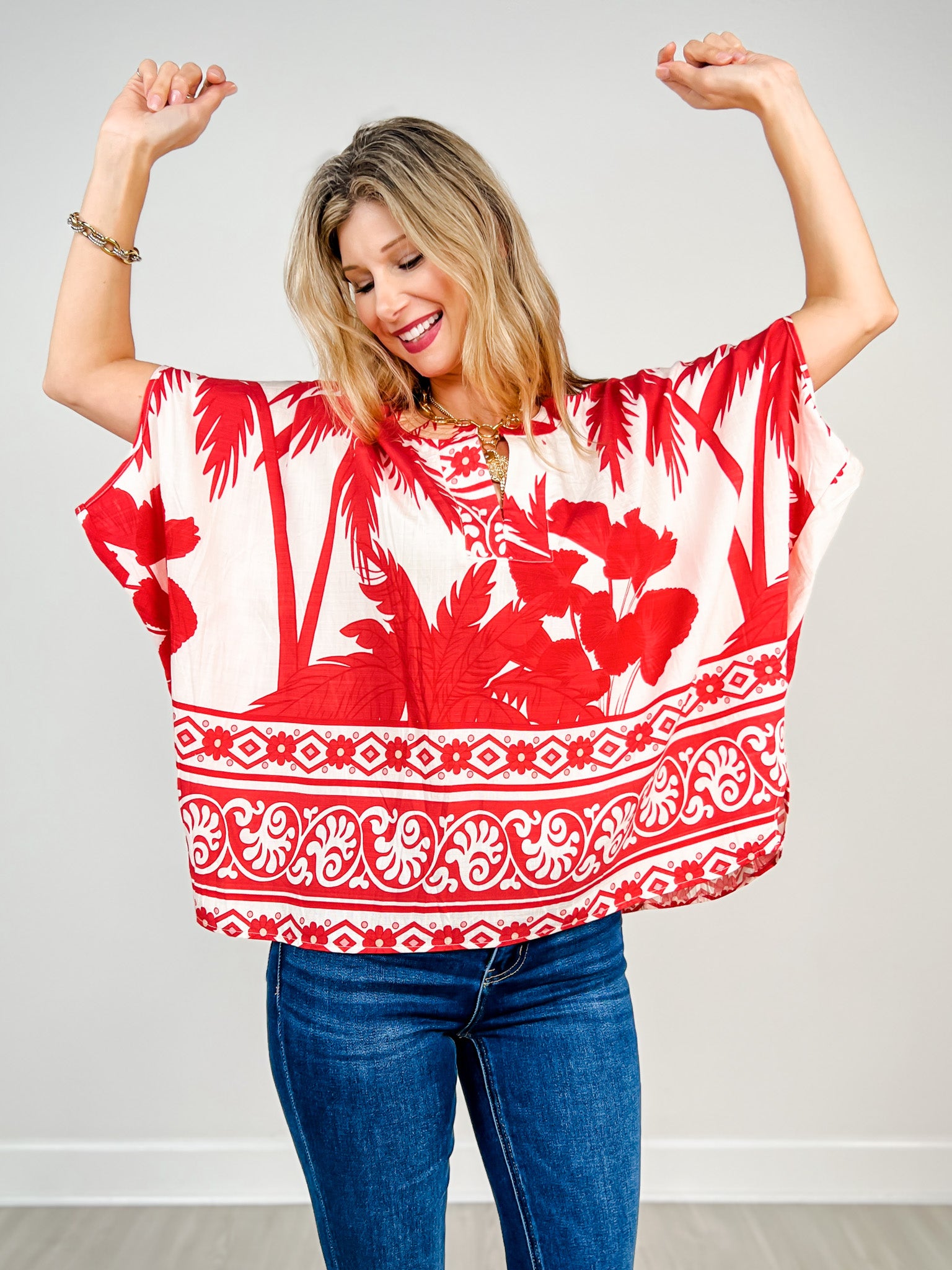 Mixed Tropical Print Top with Dolman Sleeves