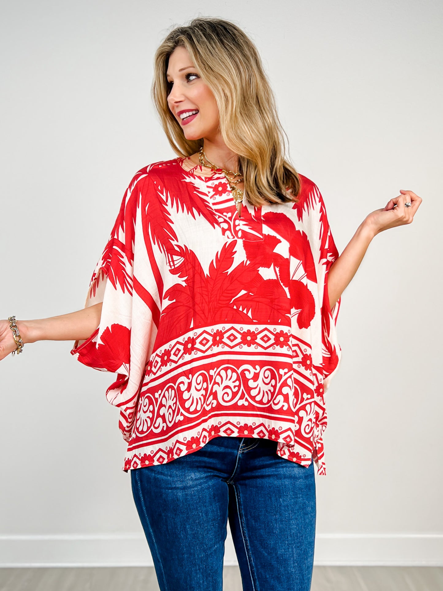 Mixed Tropical Print Top with Dolman Sleeves