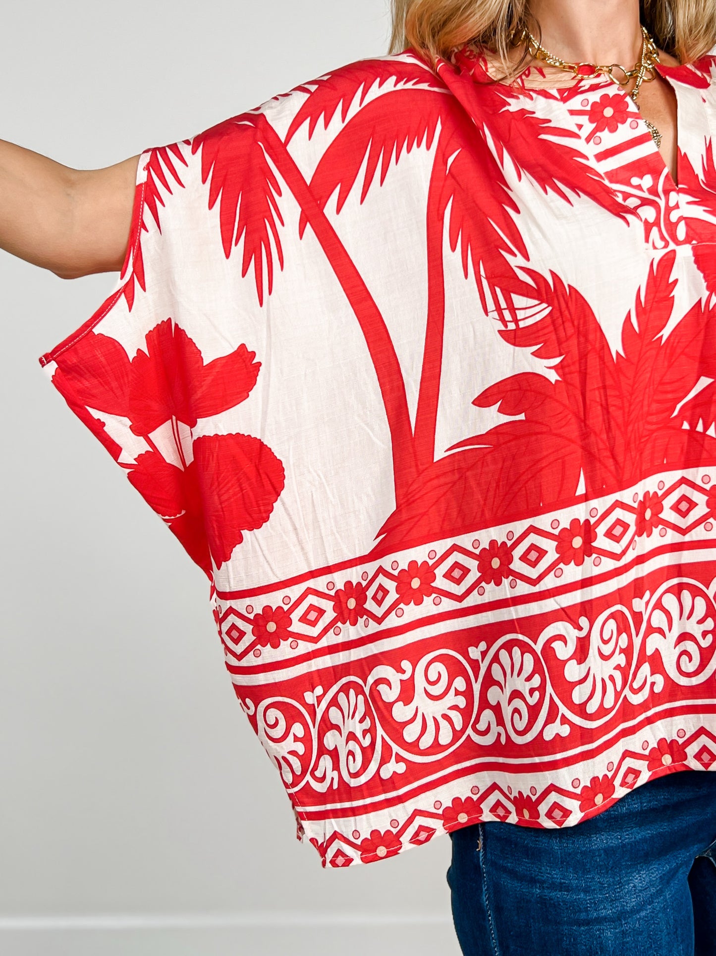 Mixed Tropical Print Top with Dolman Sleeves