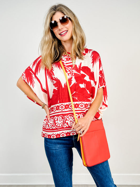Mixed Tropical Print Top with Dolman Sleeves