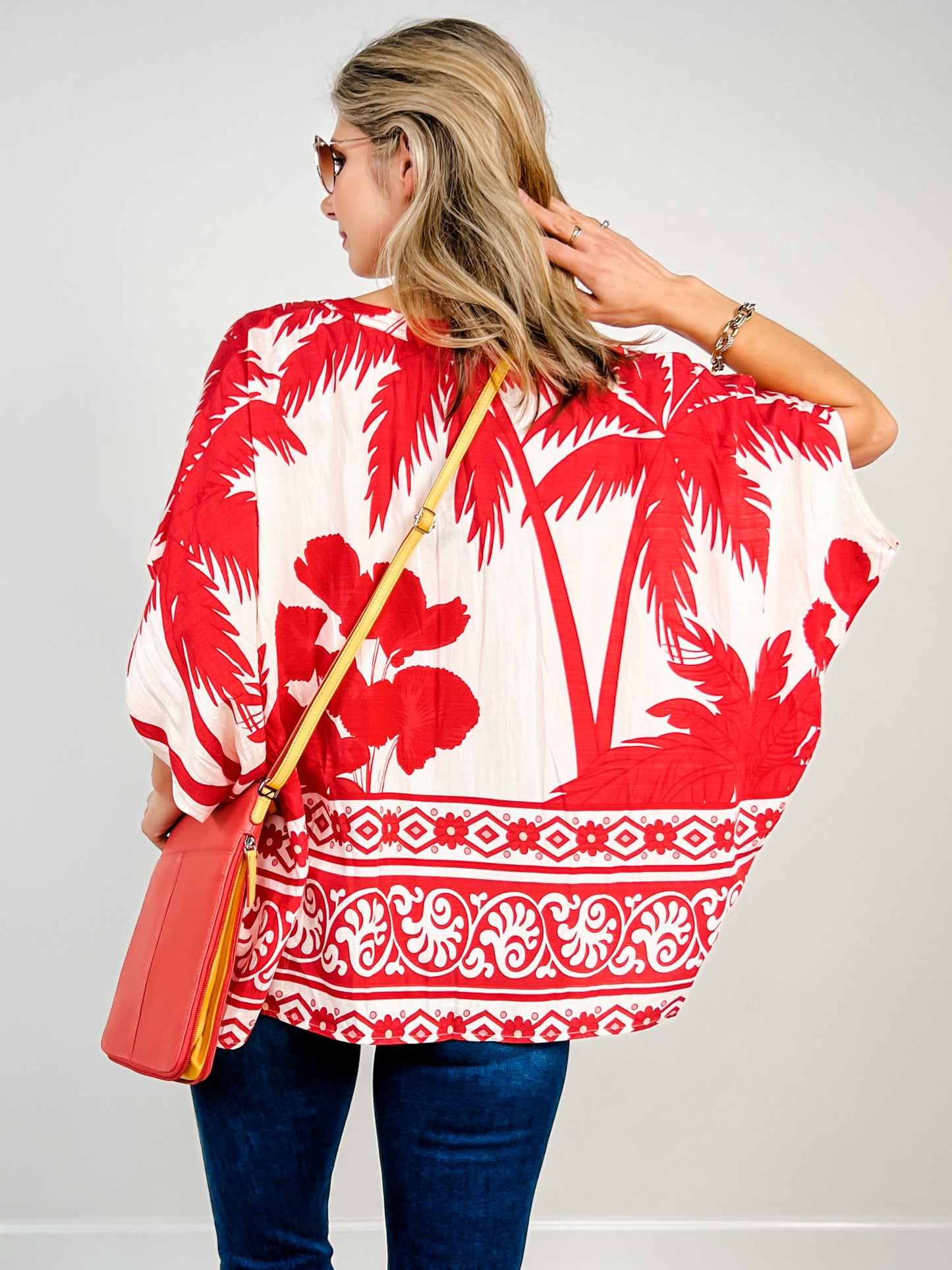 Mixed Tropical Print Top with Dolman Sleeves