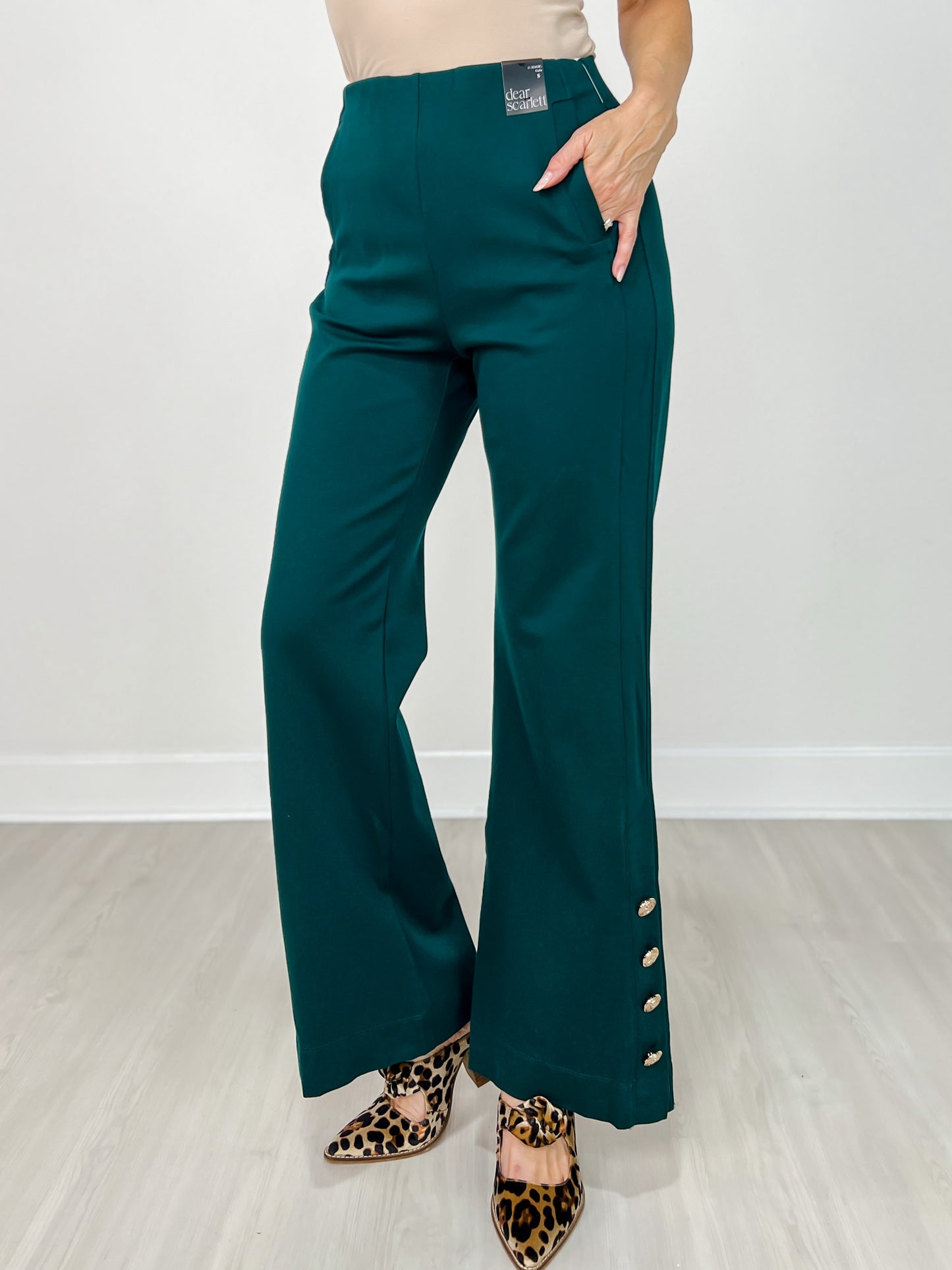 Gold Button Hem Gala Pants with Side Pockets in Hunter Green