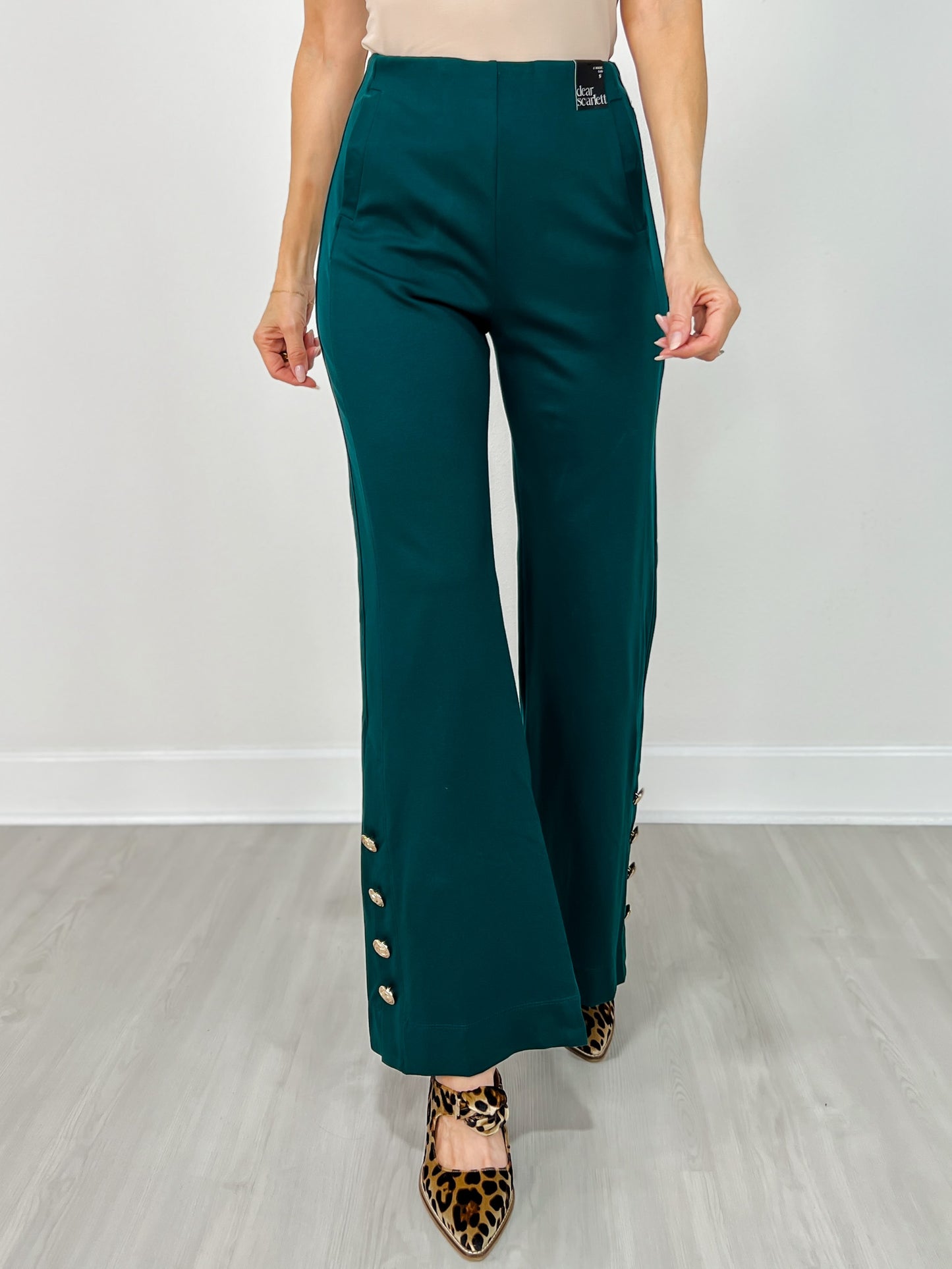 Gold Button Hem Gala Pants with Side Pockets in Hunter Green