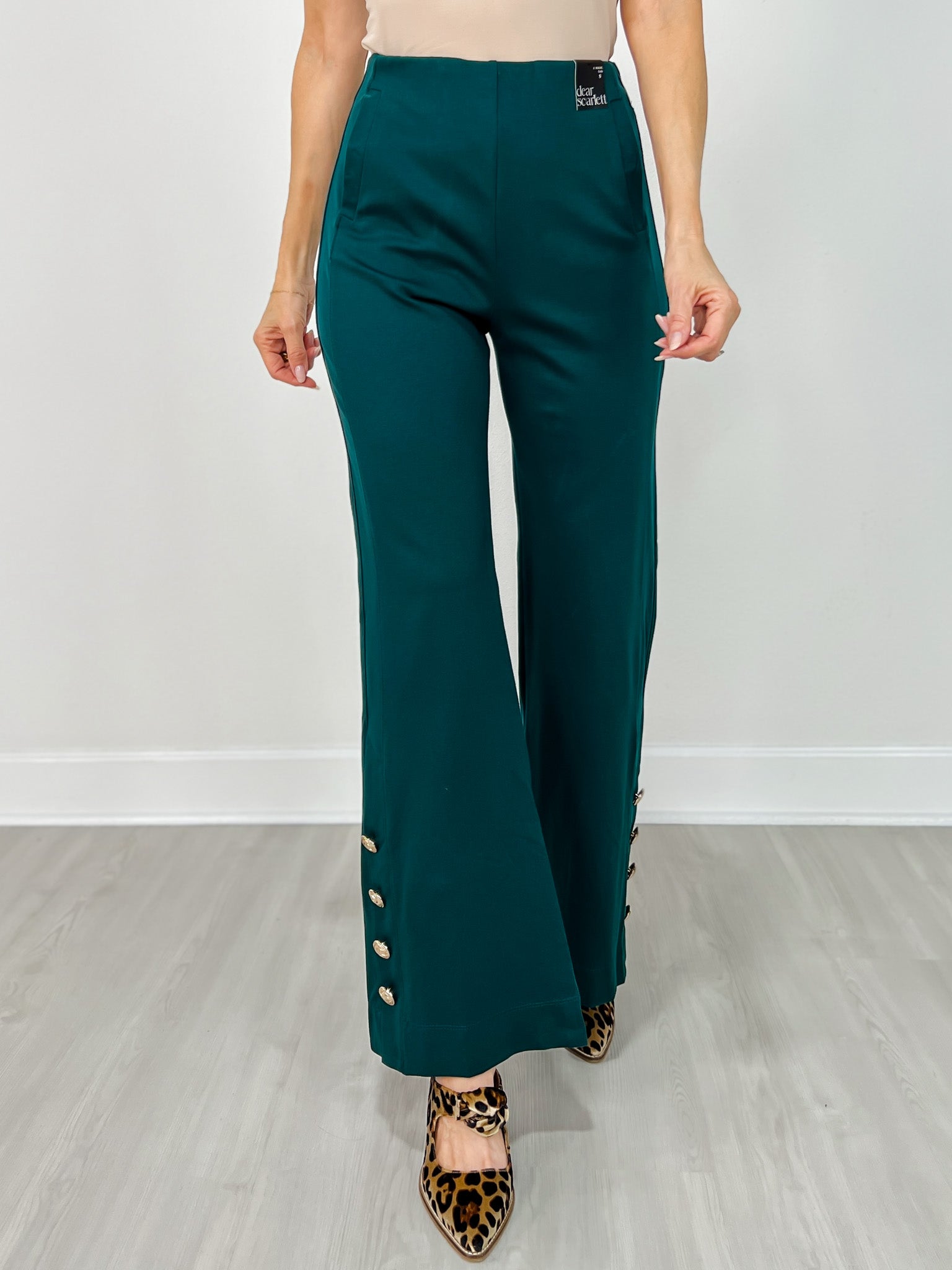 Gold Button Hem Gala Pants with Side Pockets in Hunter Green