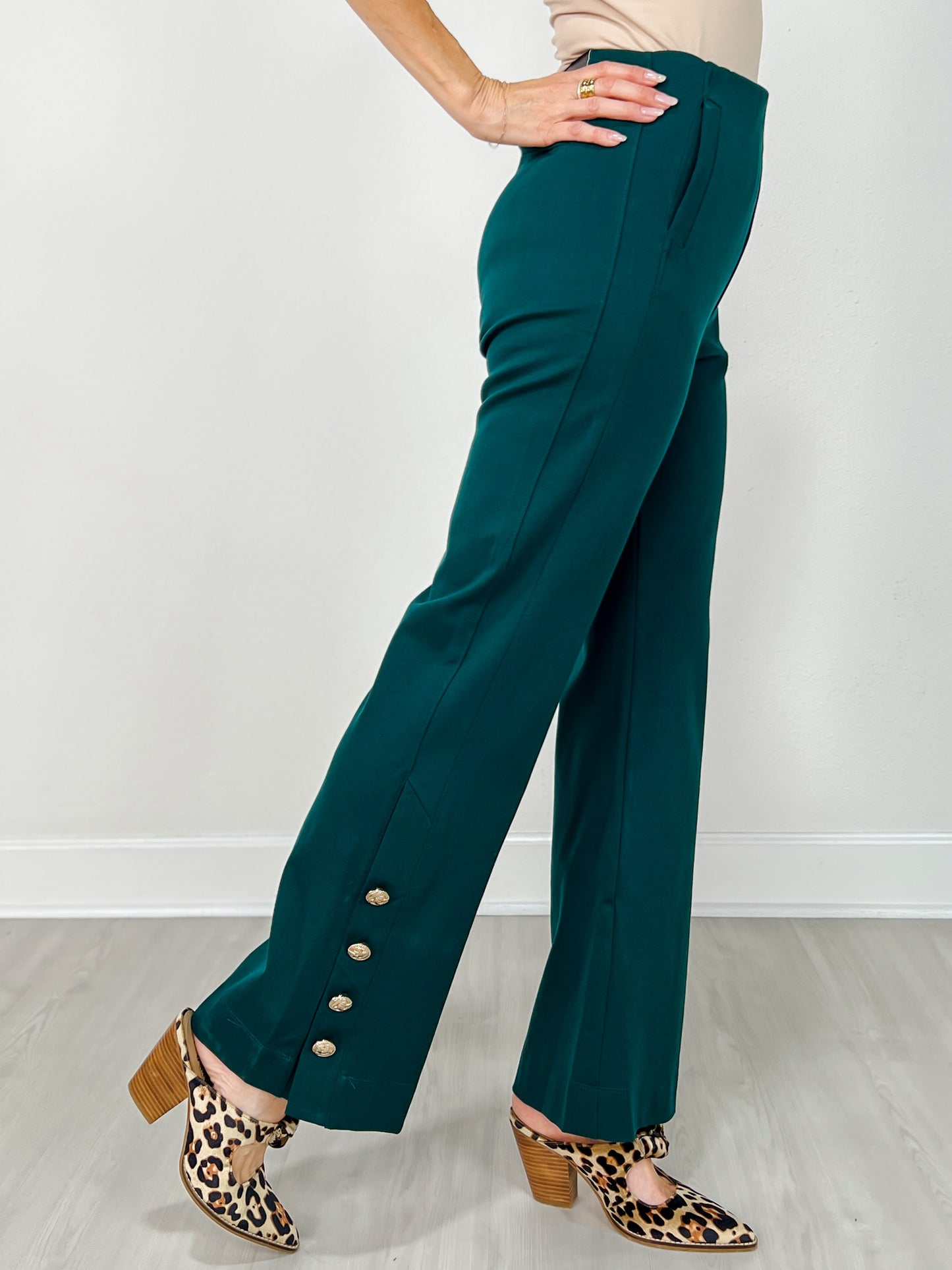 Gold Button Hem Gala Pants with Side Pockets in Hunter Green