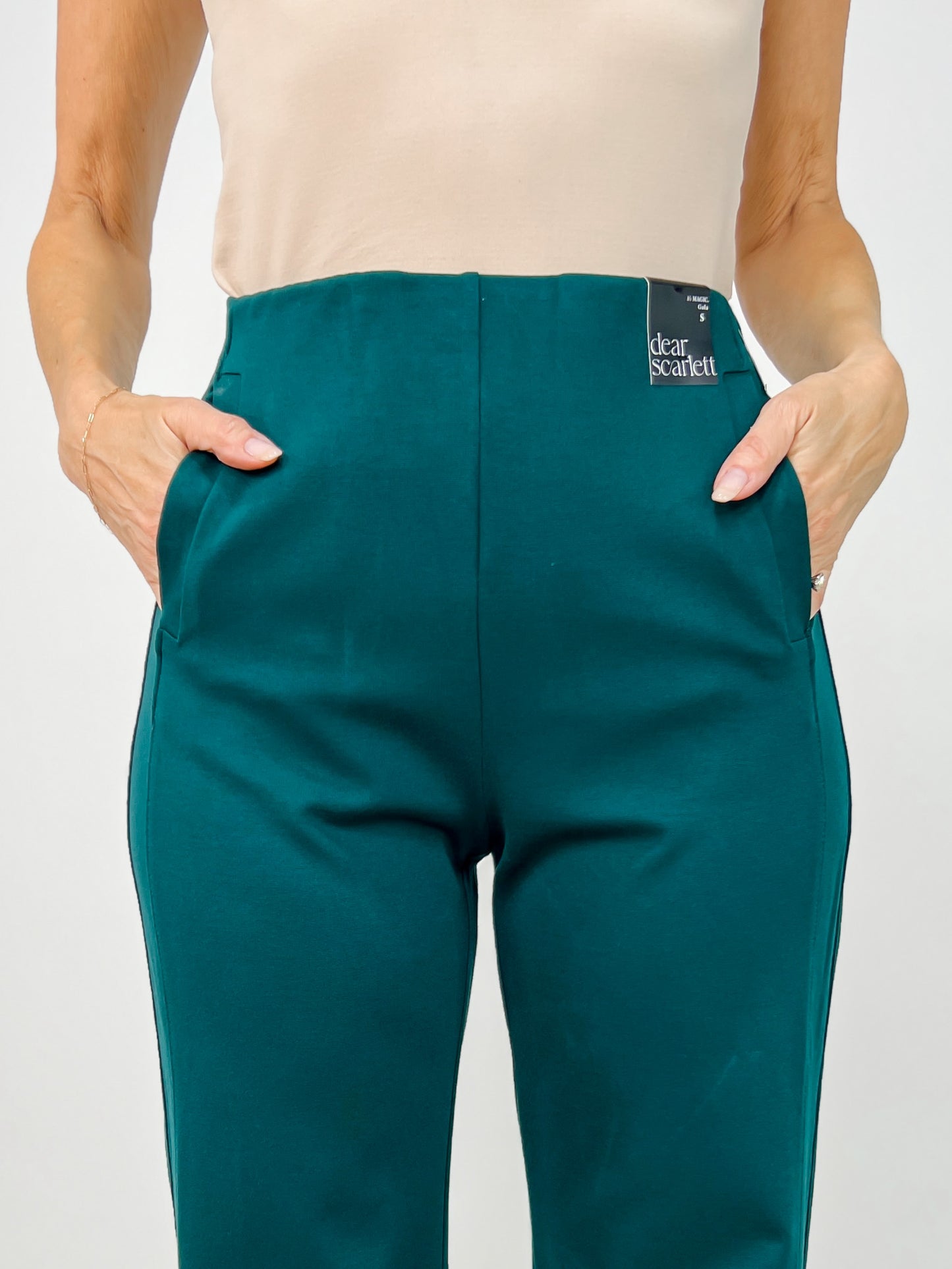 Gold Button Hem Gala Pants with Side Pockets in Hunter Green